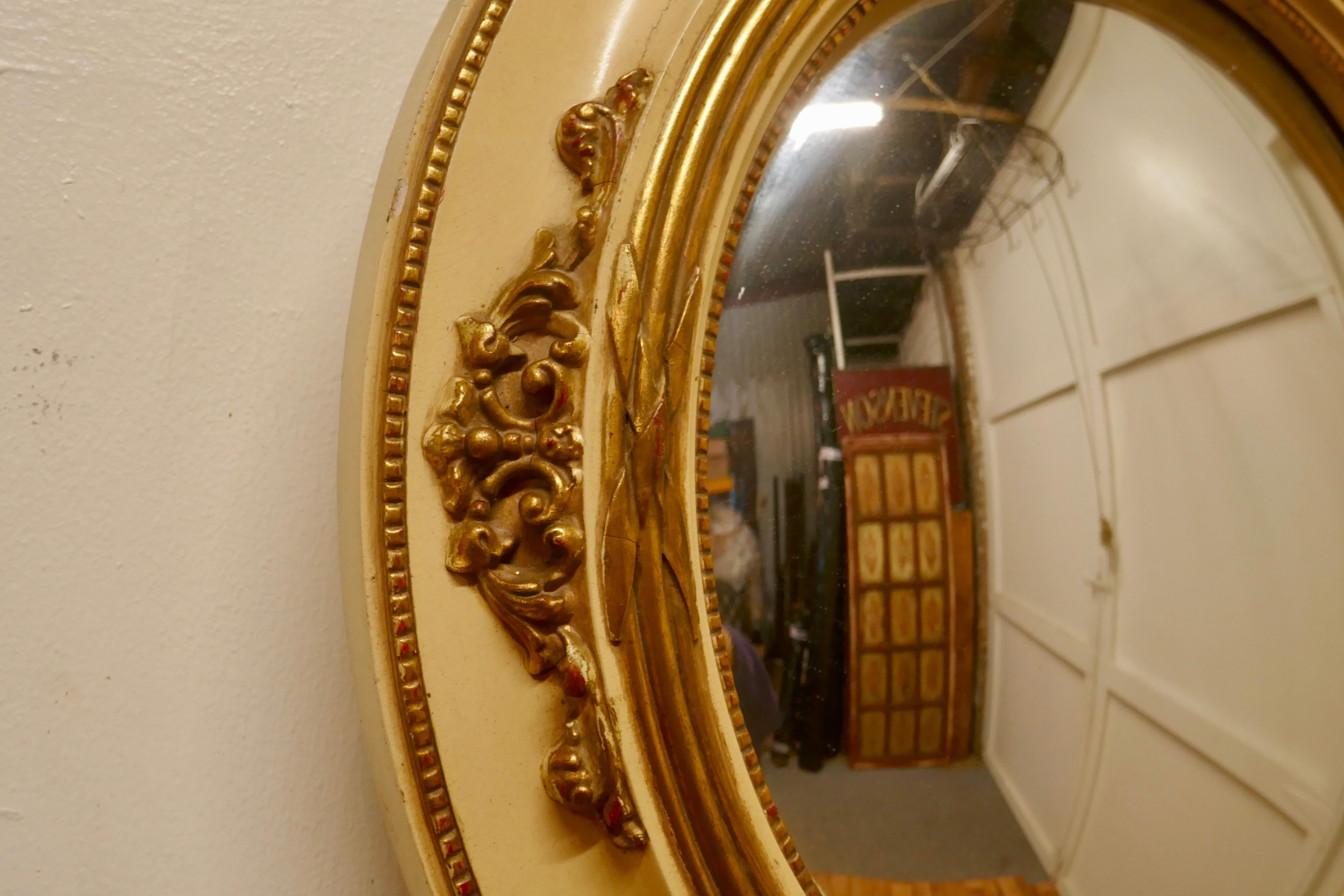 Large Gilt and Cream French Convex Wall Mirror For Sale 2