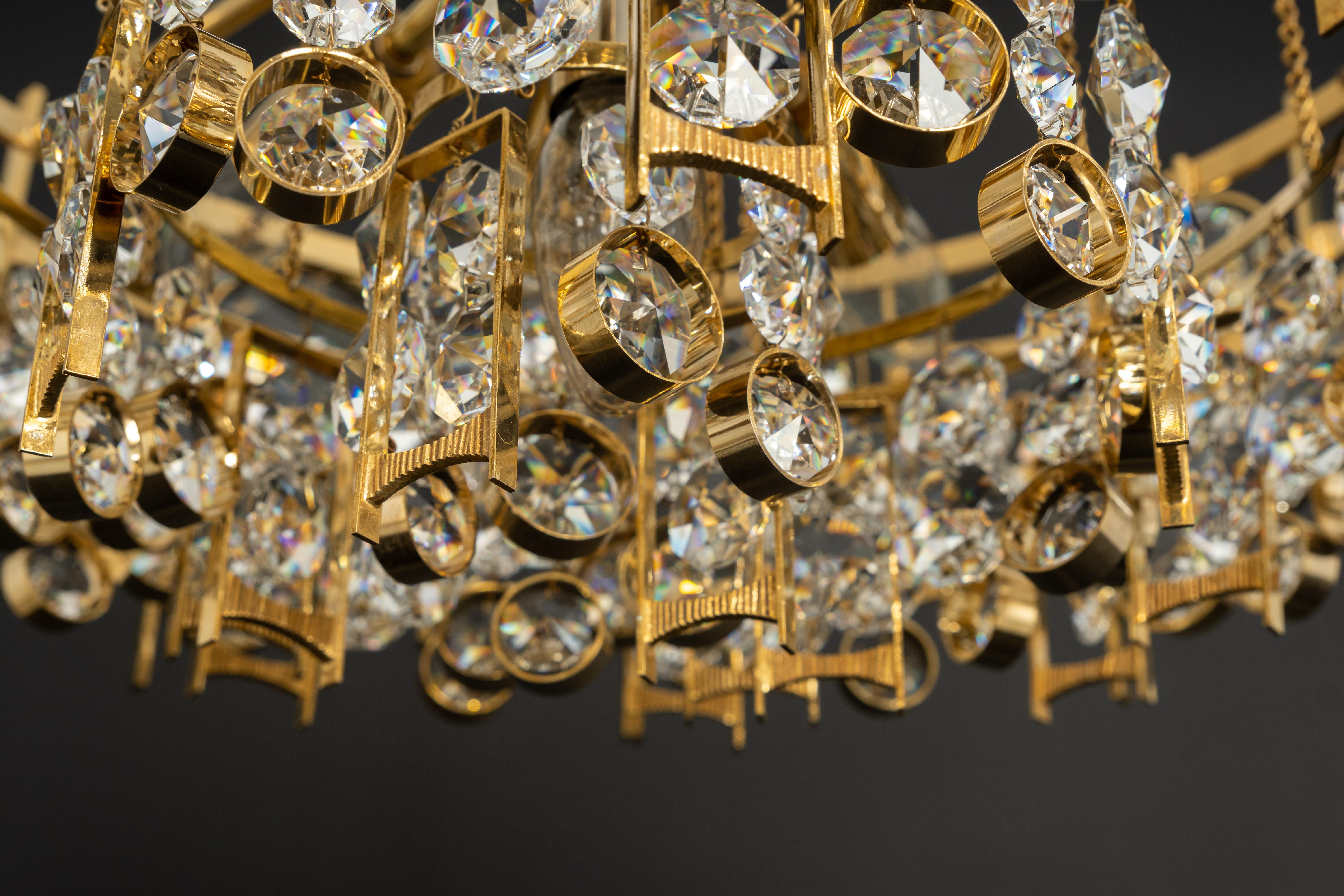 Large Gilt Brass and Crystal Chandelier, by Palwa, Germany, 1970s 4