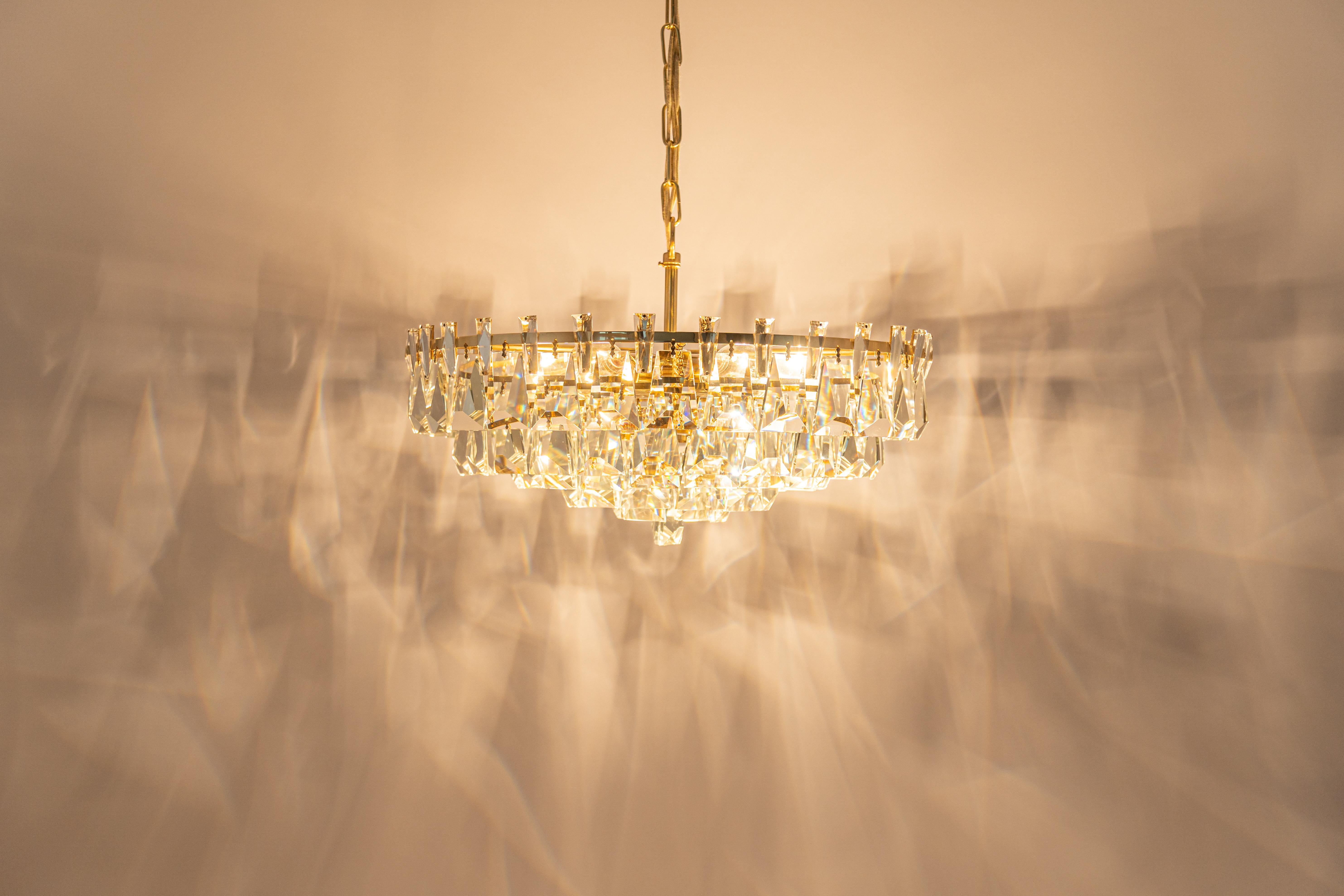 Large Gilt Brass and Crystal Chandelier, by Palwa, Germany, 1970s For Sale 4