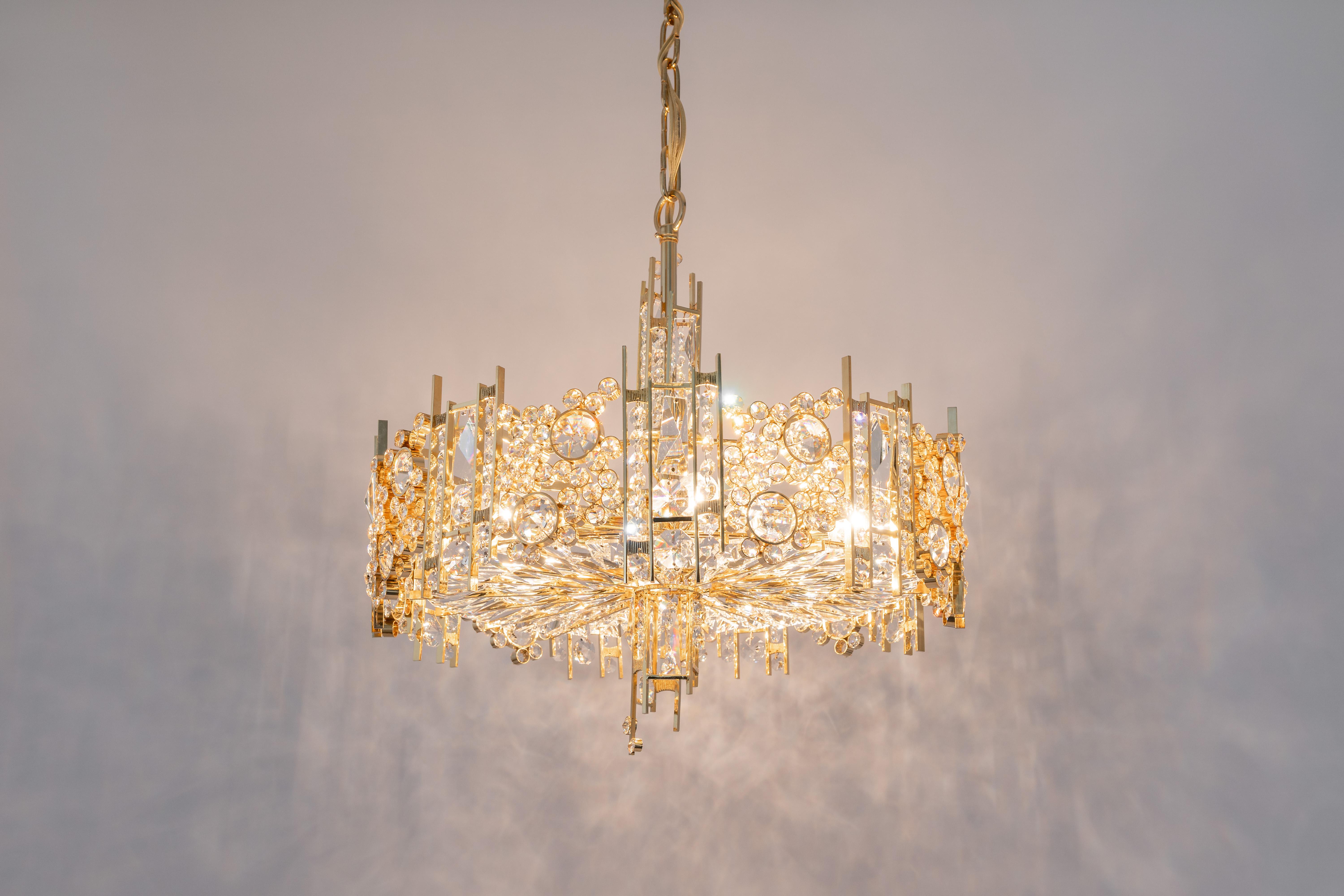 Large Gilt Brass and Crystal Chandelier, by Palwa, Germany, 1970s For Sale 2