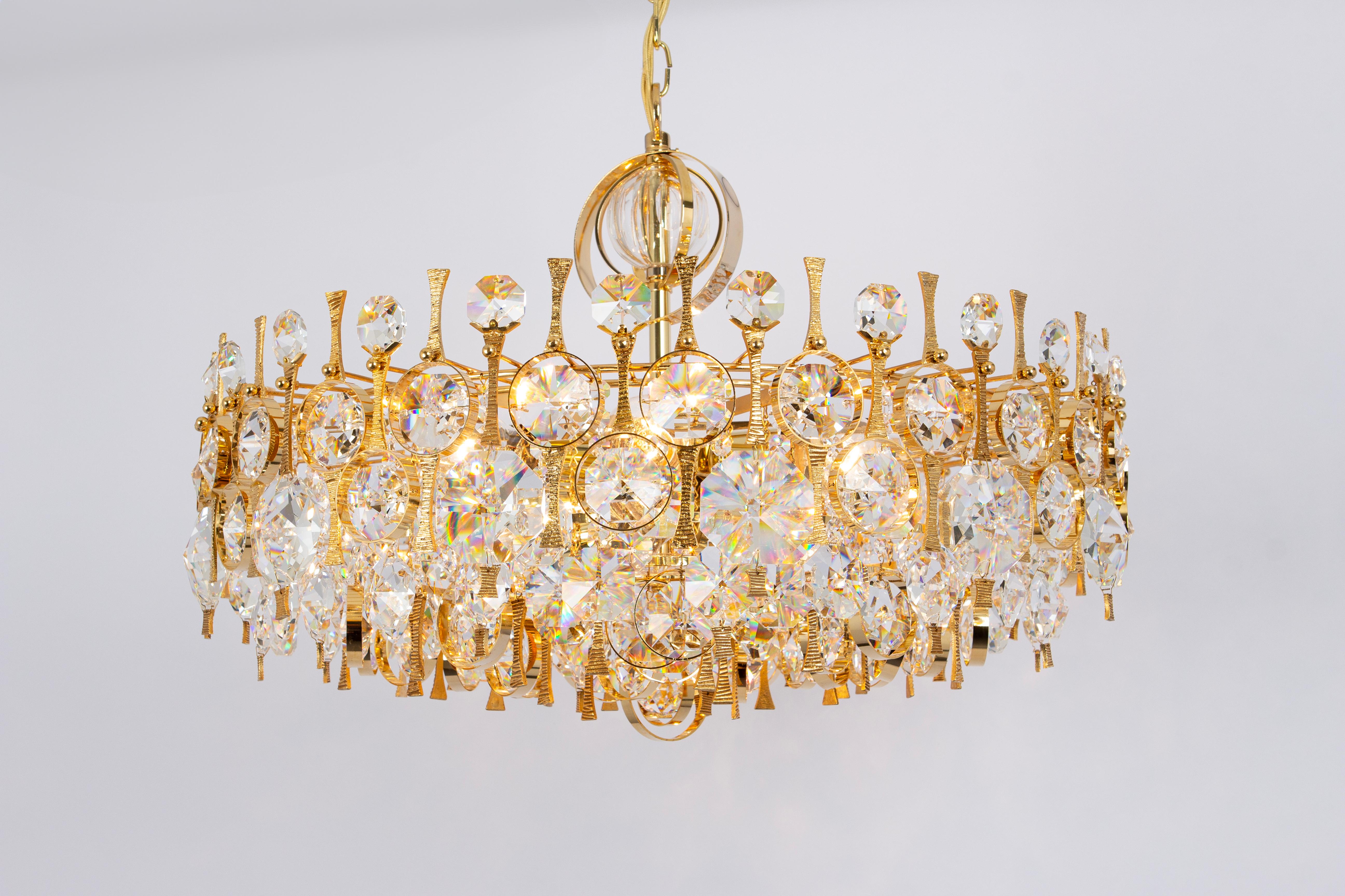 Large Gilt Brass and Crystal Chandelier, by Palwa, Germany, 1970s For Sale 4
