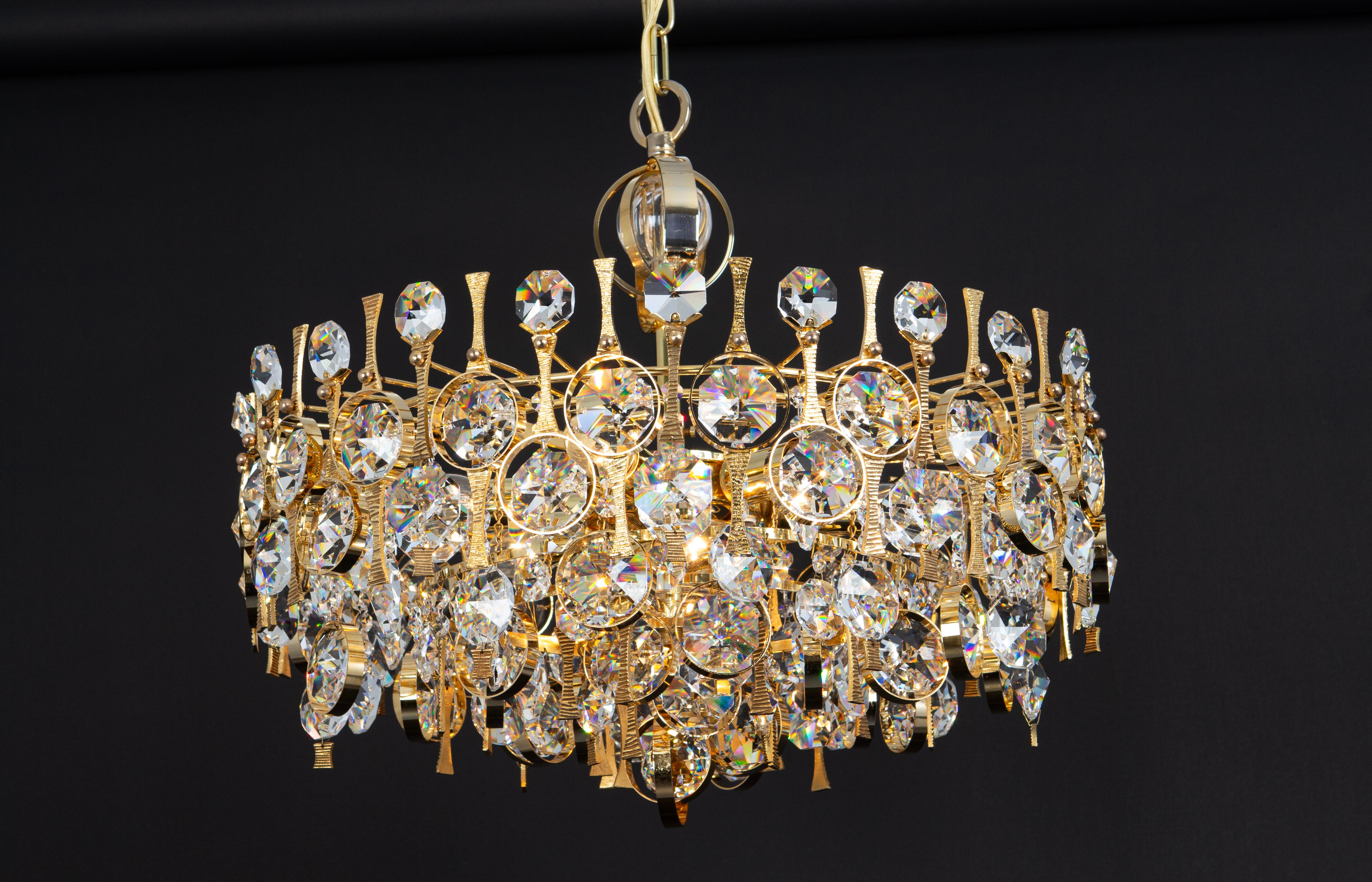 Large Gilt Brass and Crystal Chandelier, by Palwa, Germany, 1970s For Sale 4