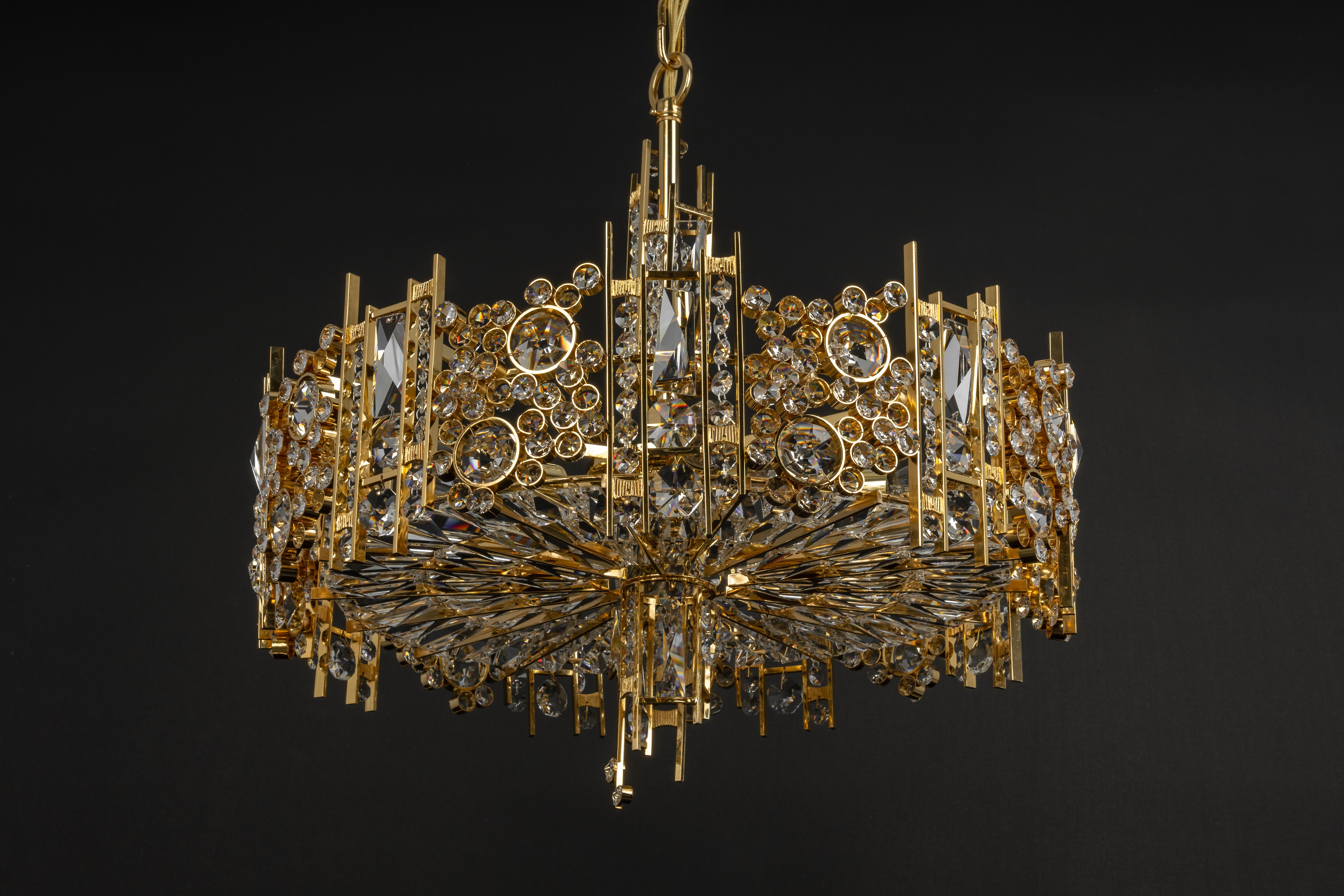 Large Gilt Brass and Crystal Chandelier, by Palwa, Germany, 1970s For Sale 3