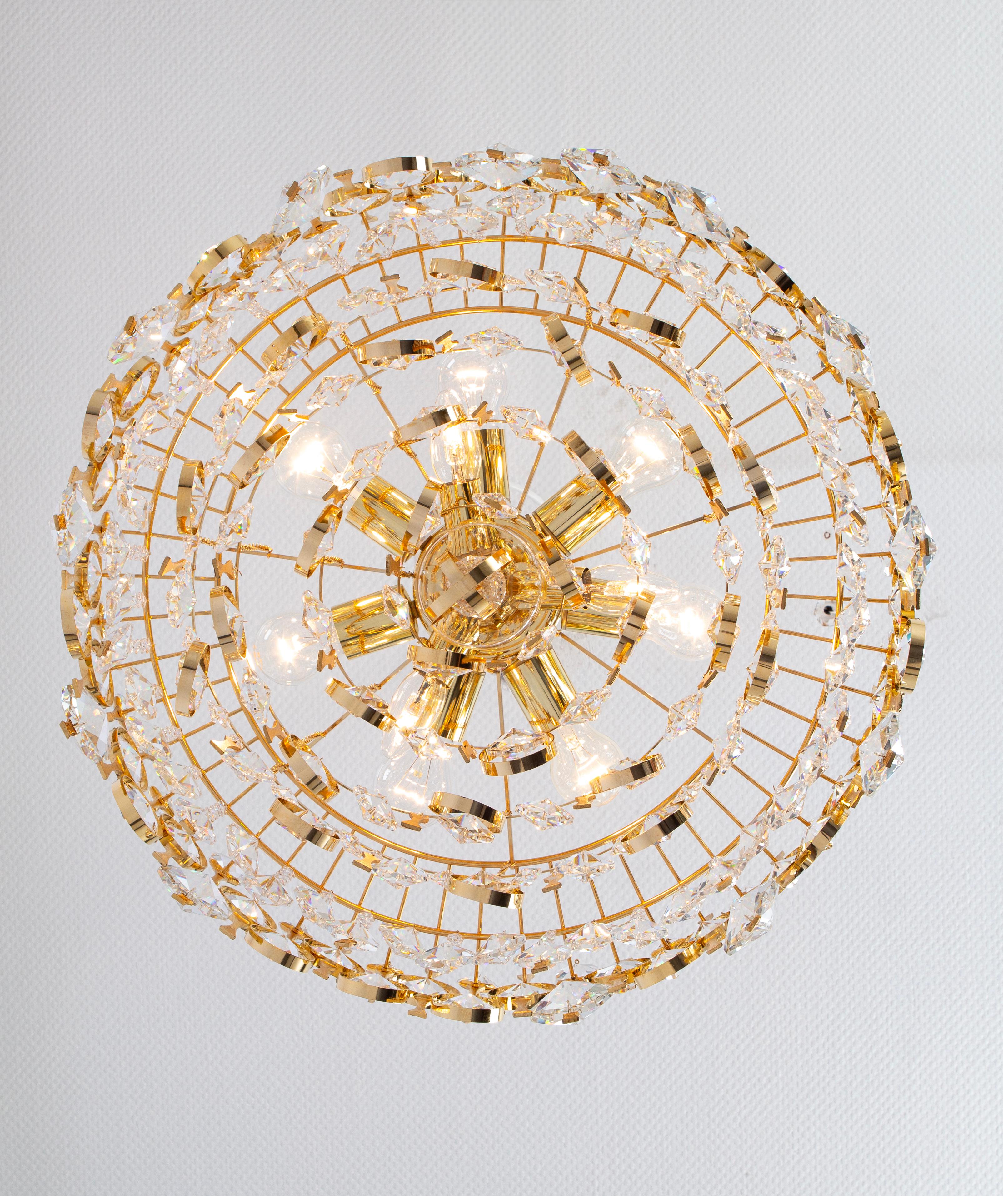 Large Gilt Brass and Crystal Chandelier, by Palwa, Germany, 1970s For Sale 5