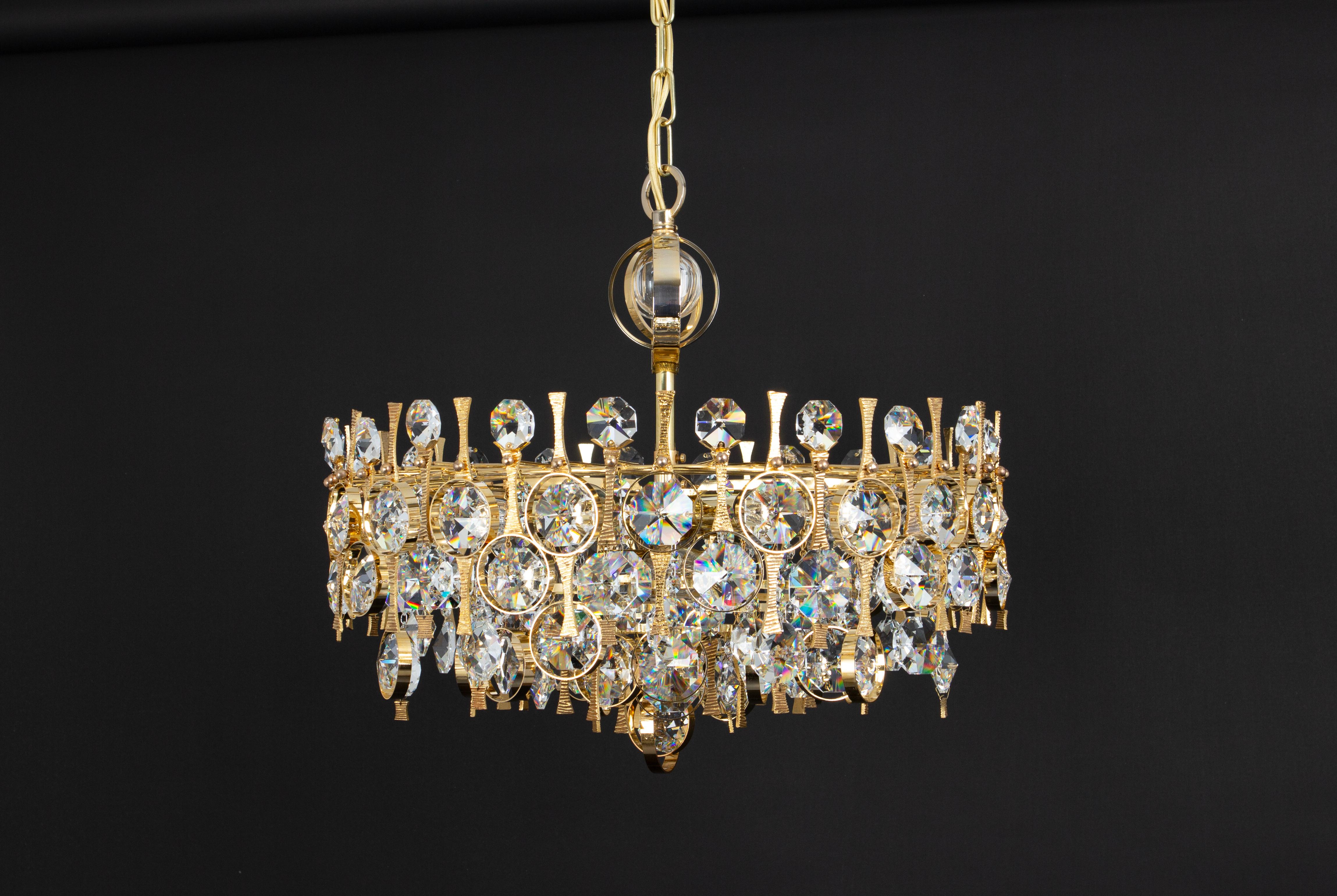 Large Gilt Brass and Crystal Chandelier, by Palwa, Germany, 1970s For Sale 5