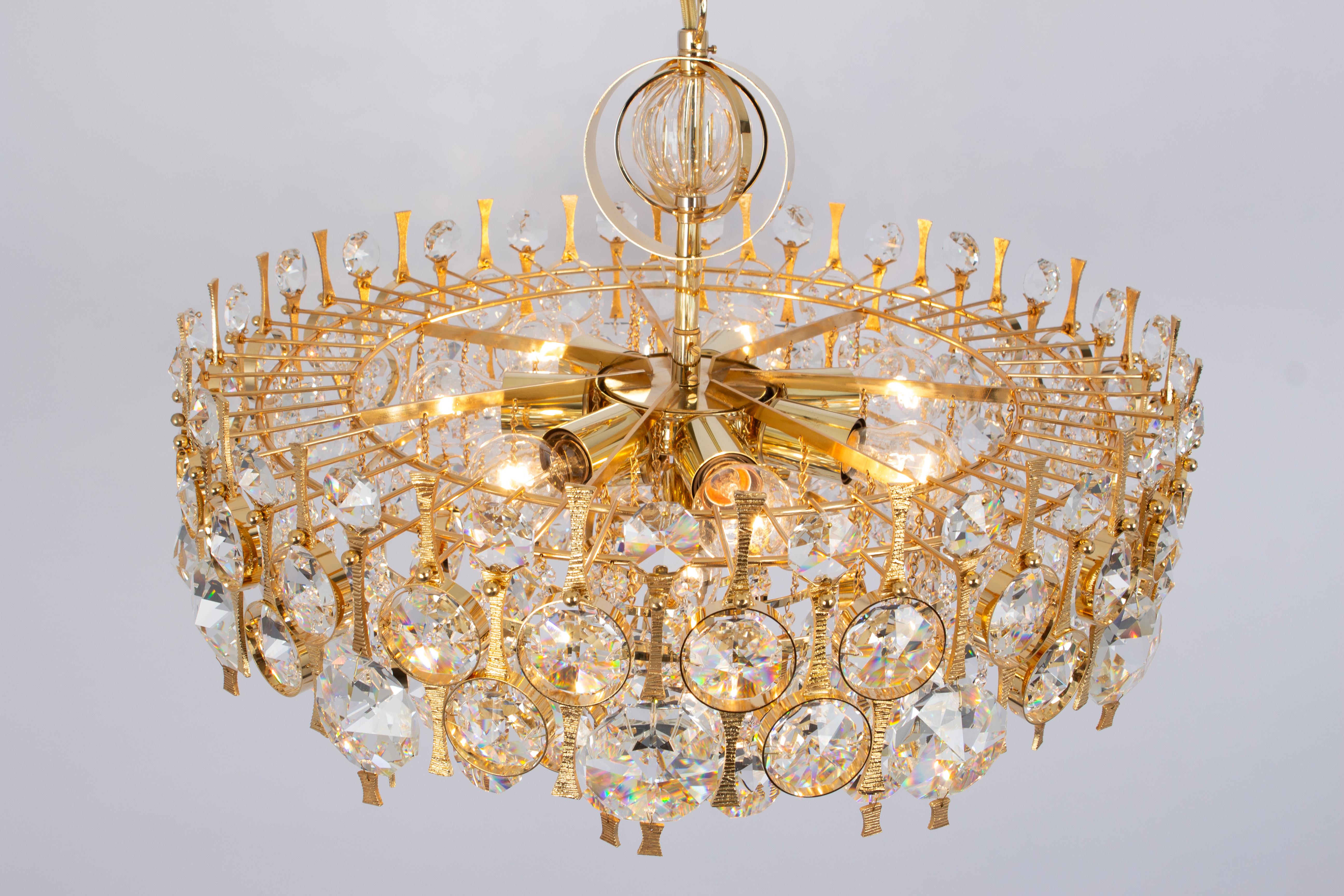 Large Gilt Brass and Crystal Chandelier, by Palwa, Germany, 1970s For Sale 6