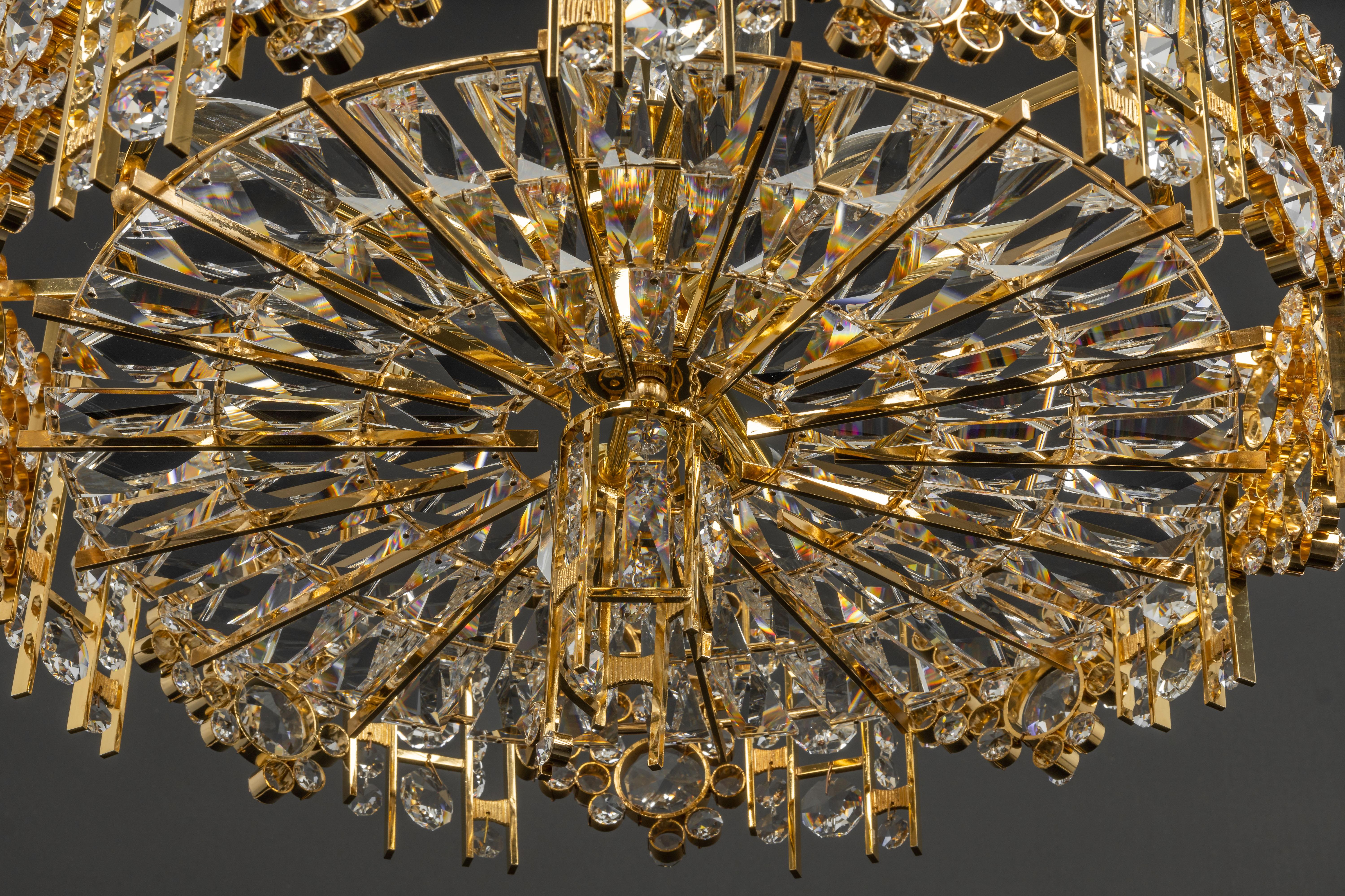 Large Gilt Brass and Crystal Chandelier, by Palwa, Germany, 1970s For Sale 5