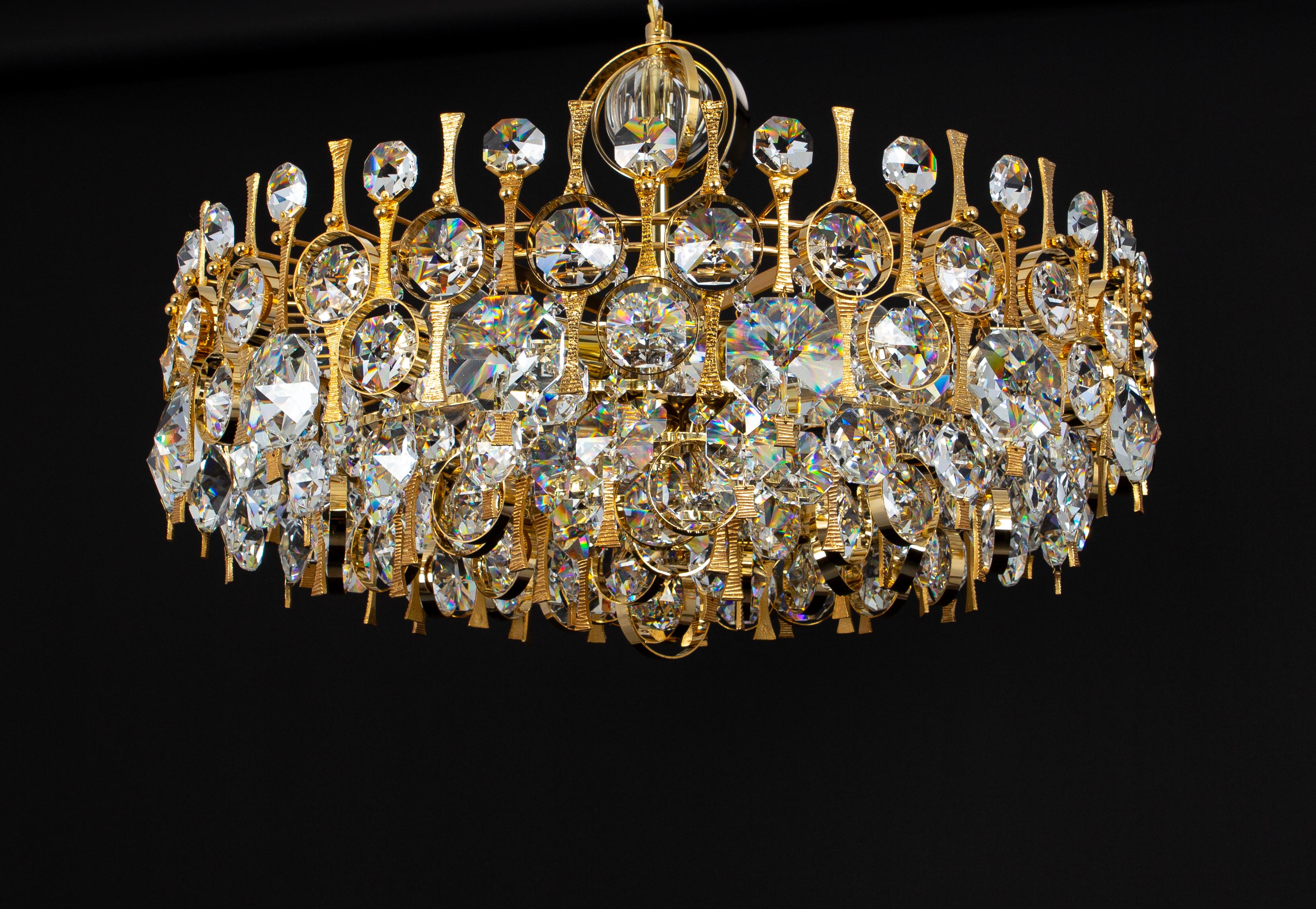 Large Gilt Brass and Crystal Chandelier, by Palwa, Germany, 1970s For Sale 7