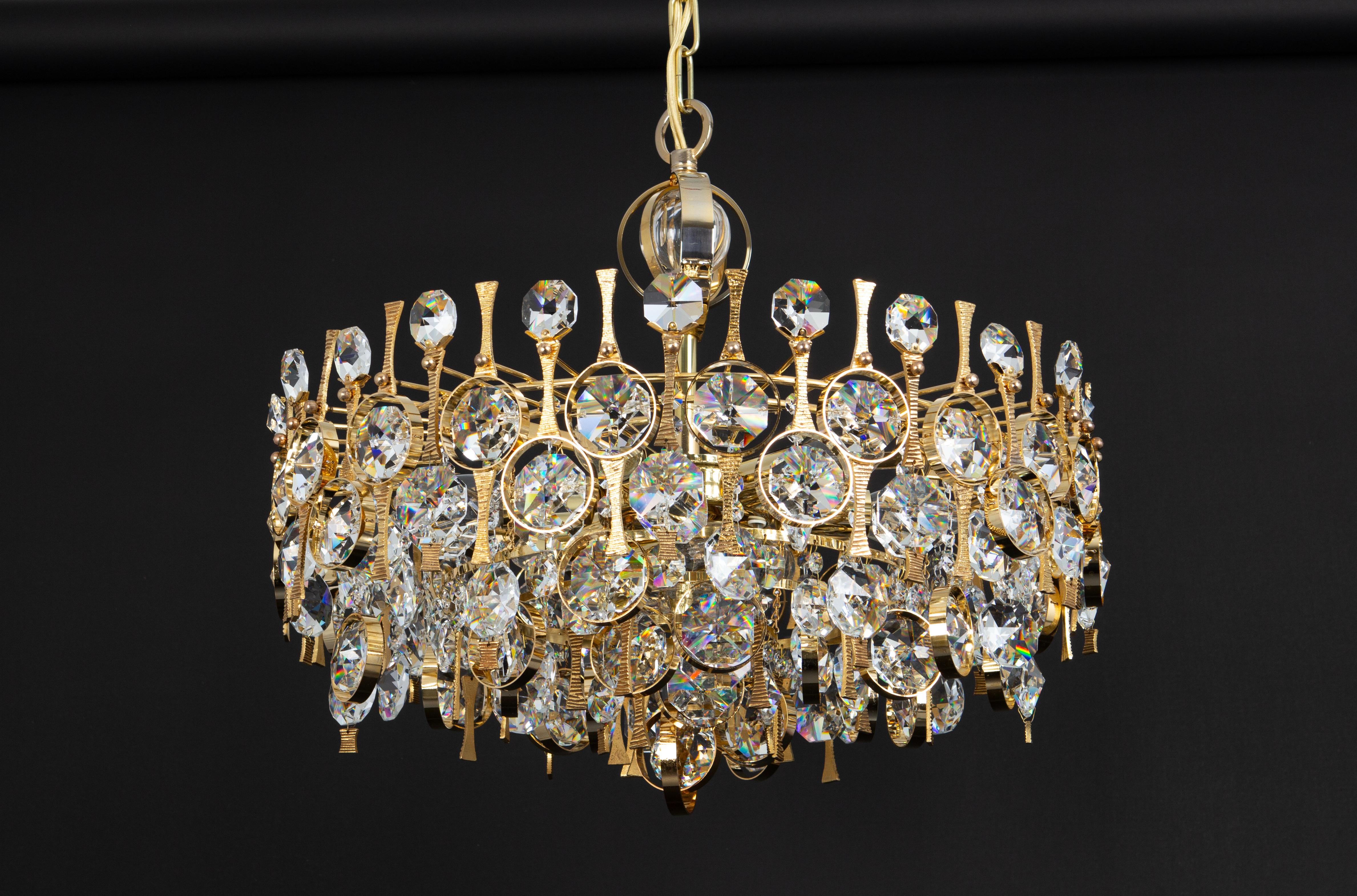 Large Gilt Brass and Crystal Chandelier, by Palwa, Germany, 1970s For Sale 7