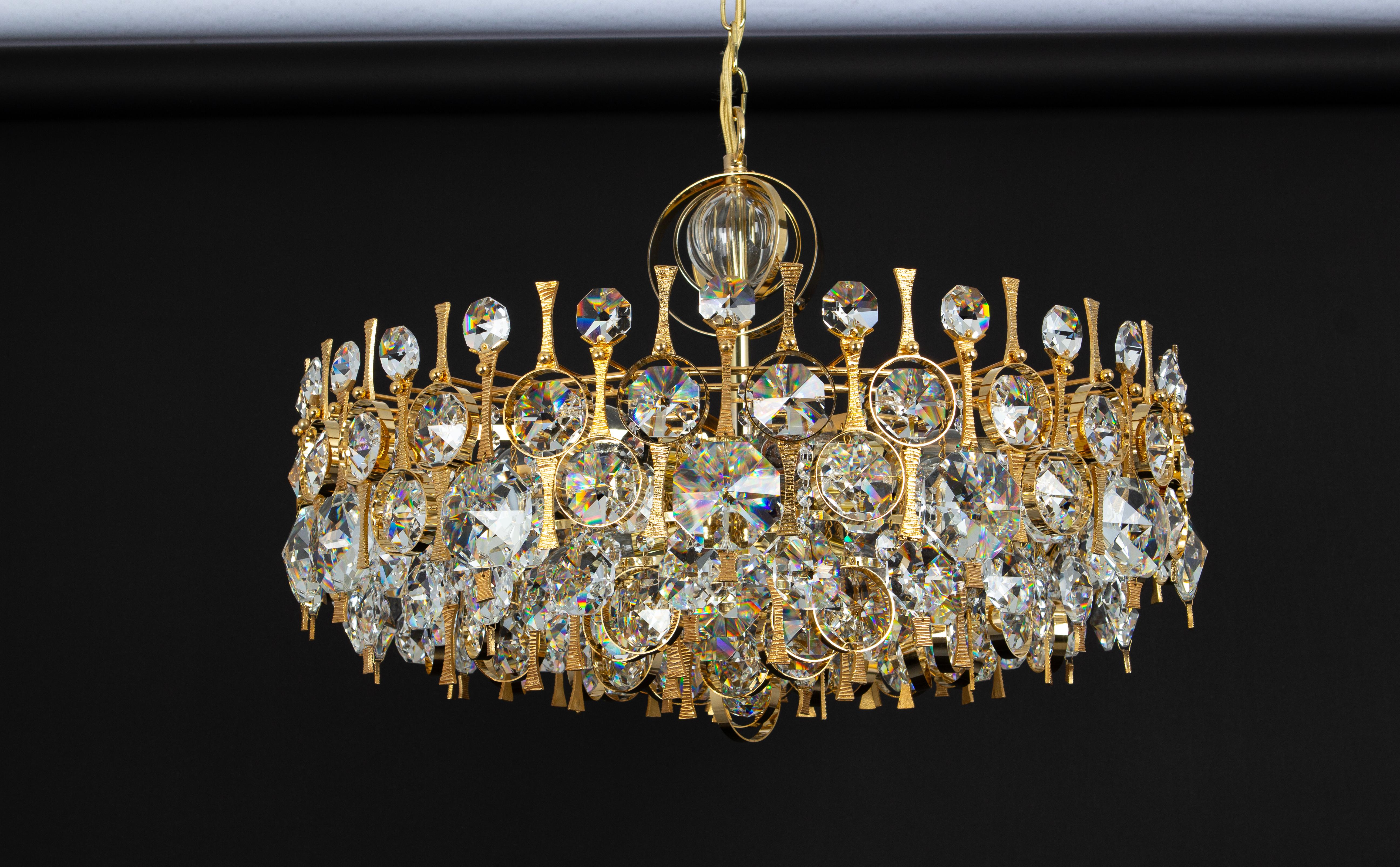 Large Gilt Brass and Crystal Chandelier, by Palwa, Germany, 1970s For Sale 8