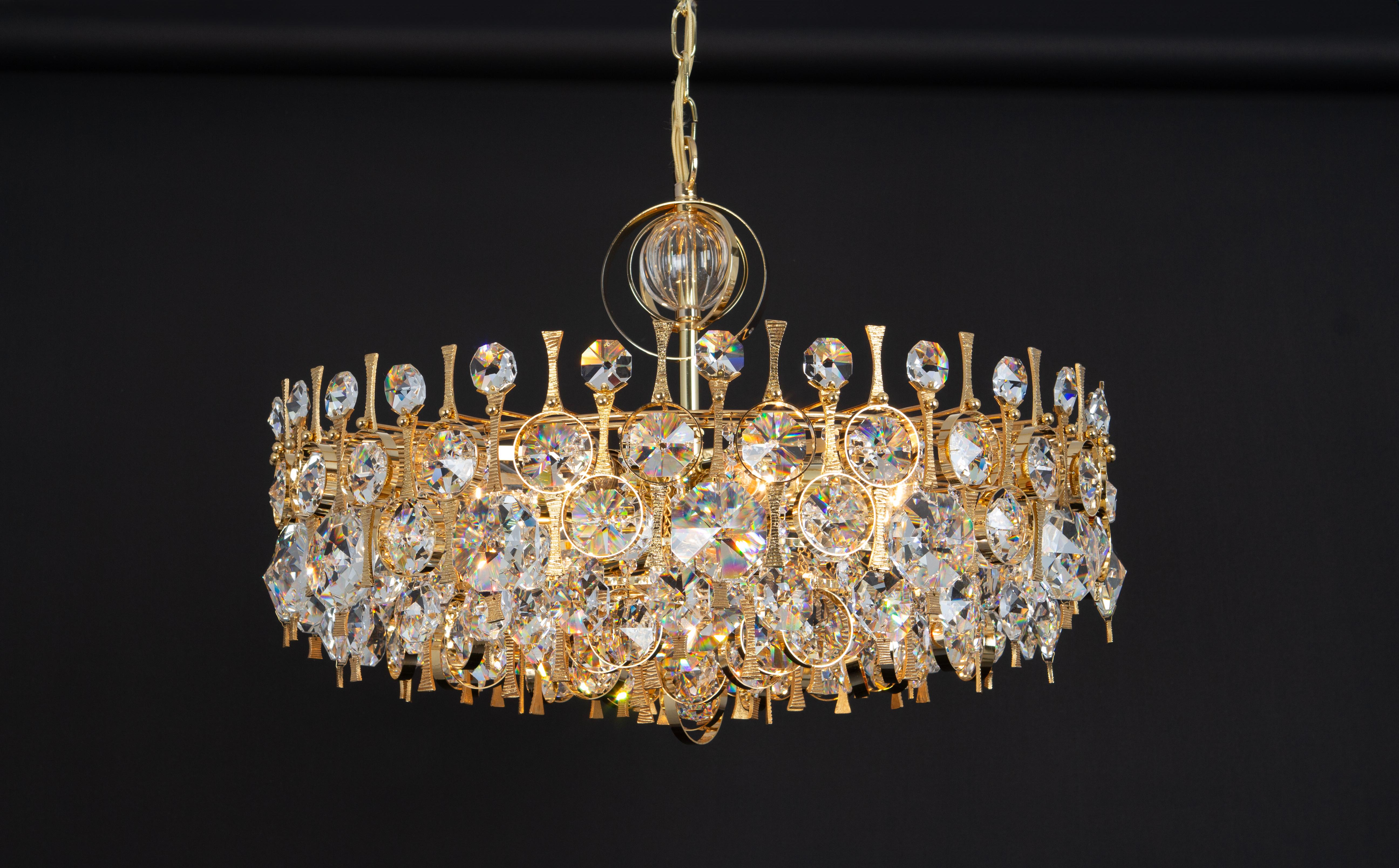 Large Gilt Brass and Crystal Chandelier, by Palwa, Germany, 1970s For Sale 9