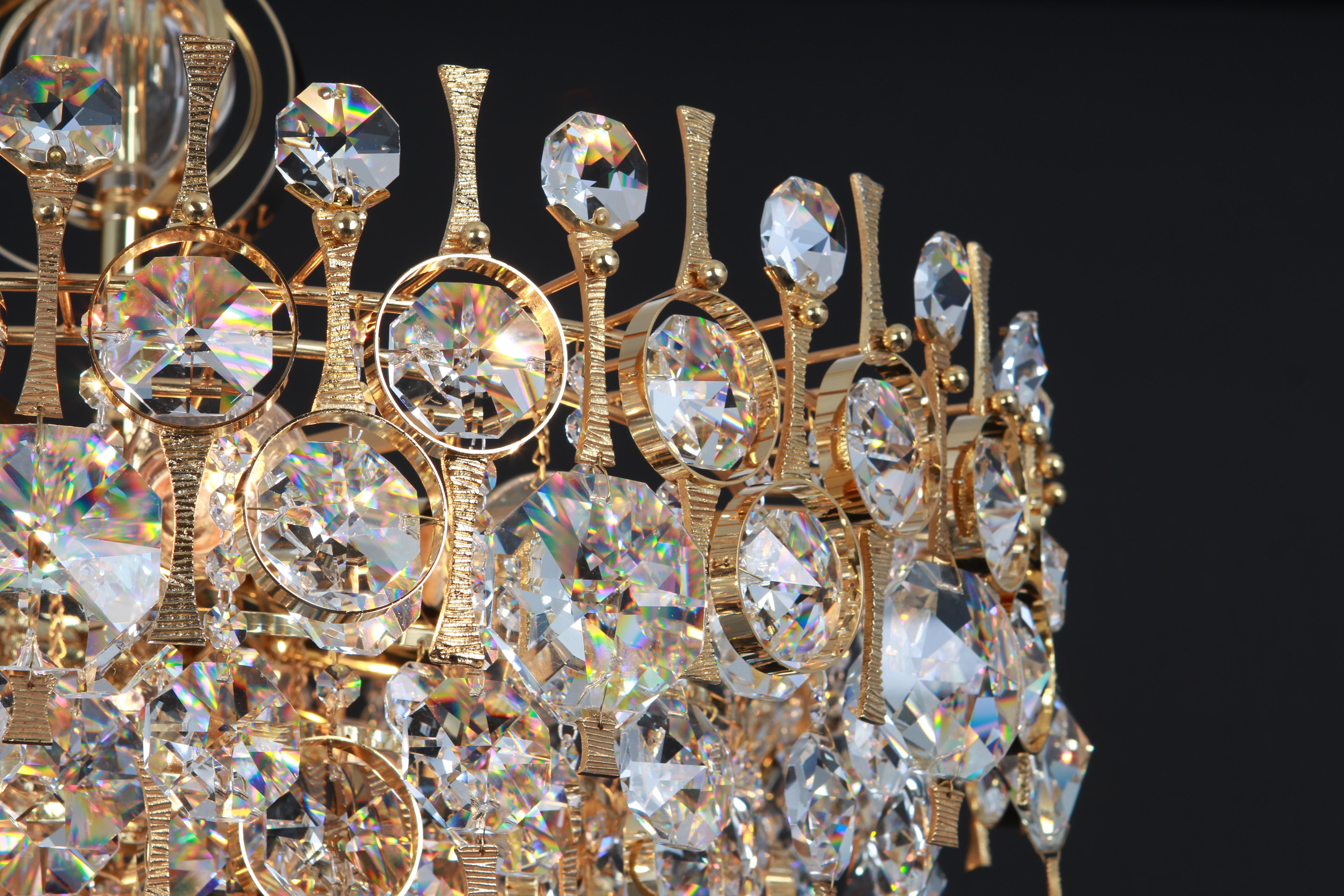 Large Gilt Brass and Crystal Chandelier, by Palwa, Germany, 1970s For Sale 11