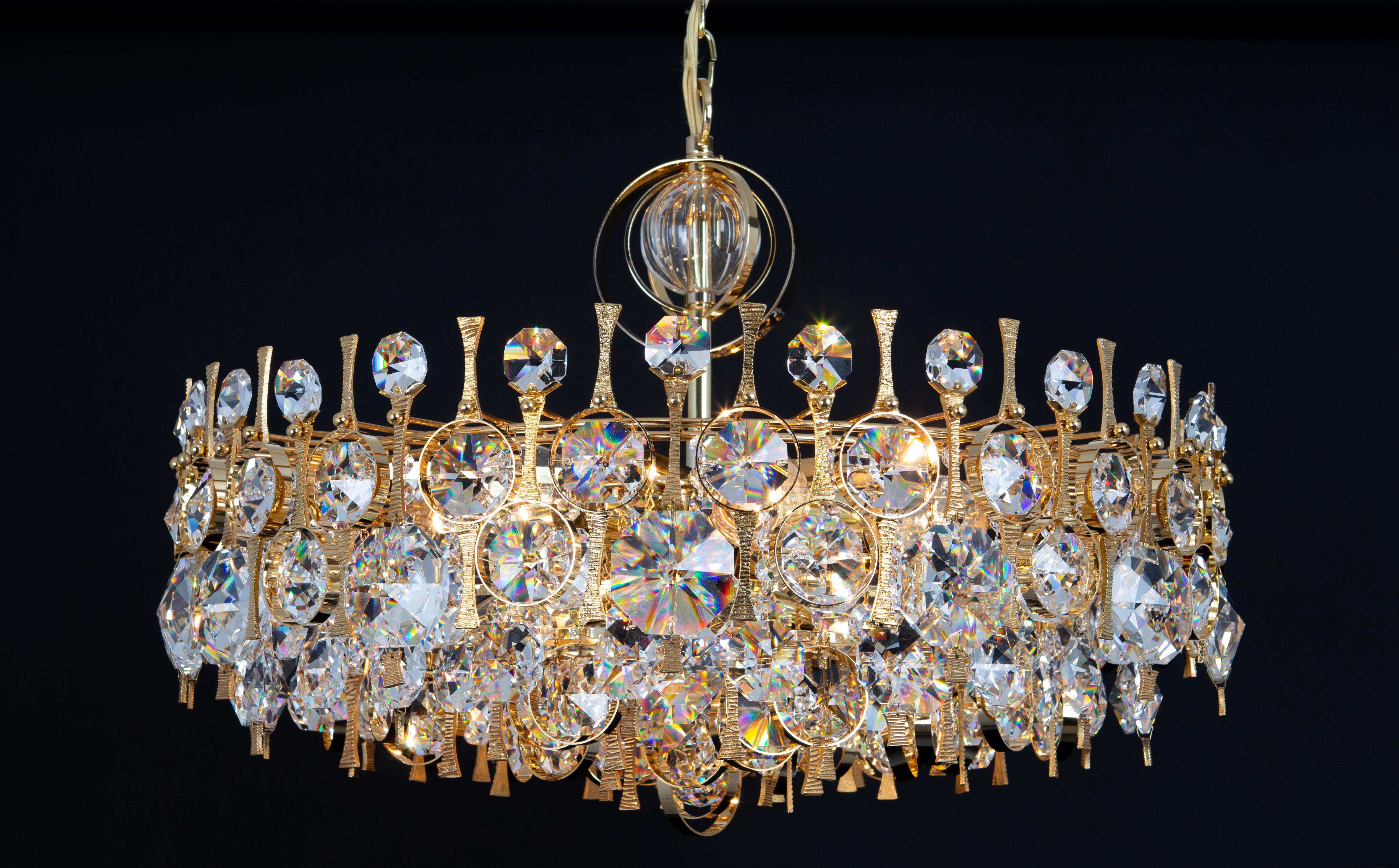 Large Gilt Brass and Crystal Chandelier, by Palwa, Germany, 1970s For Sale 12