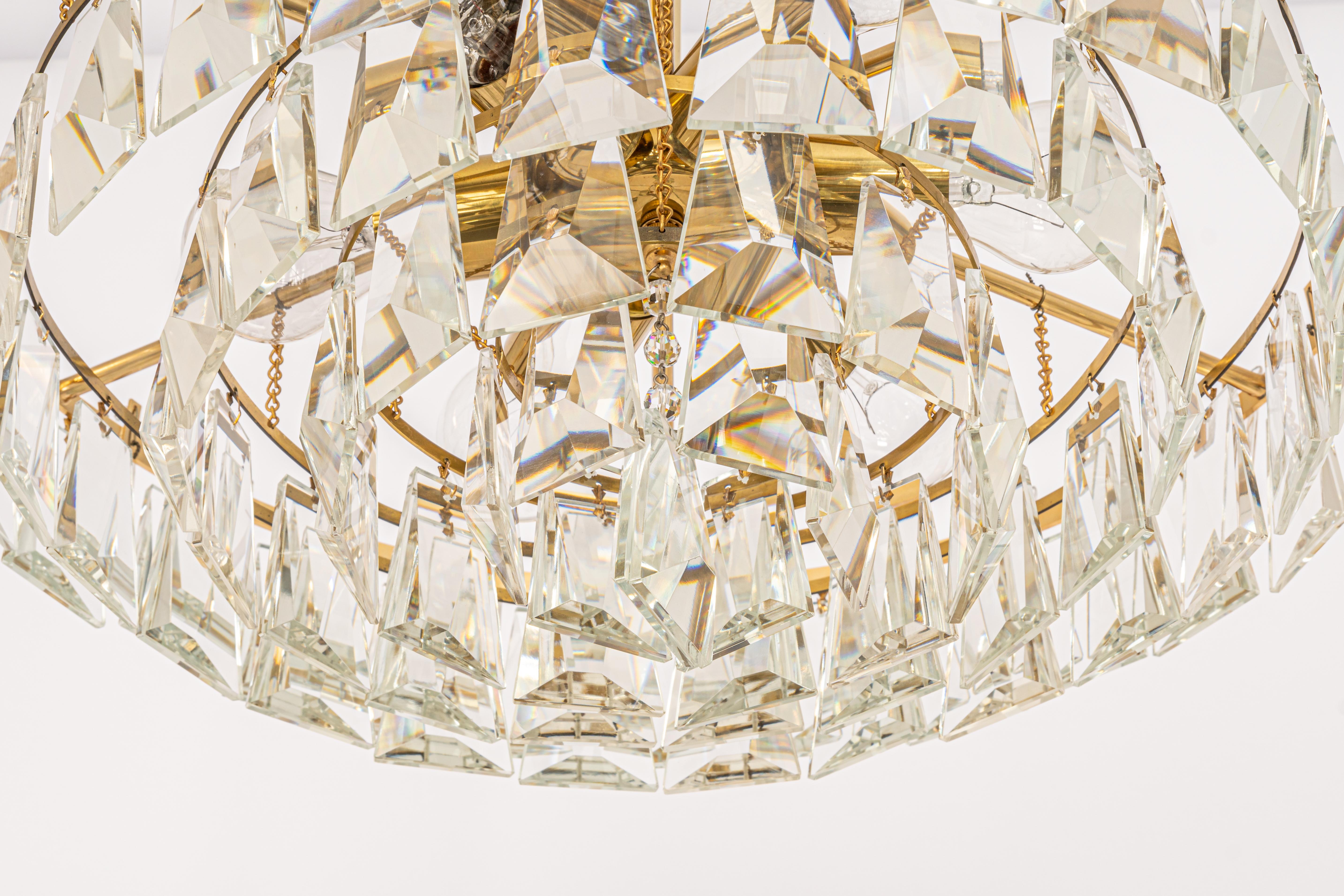 Mid-Century Modern Large Gilt Brass and Crystal Chandelier, by Palwa, Germany, 1970s For Sale