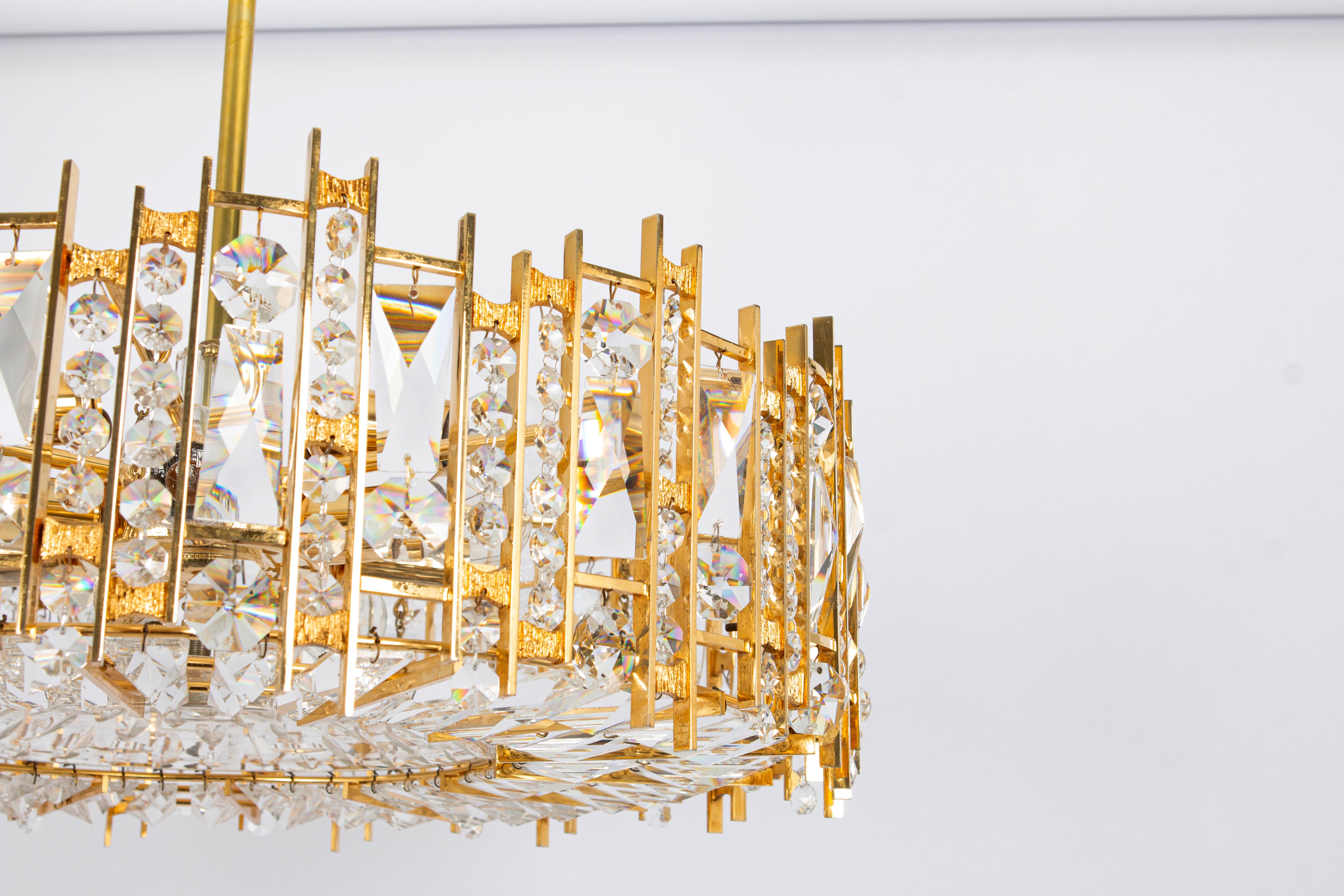 Mid-Century Modern Large Gilt Brass and Crystal Chandelier, by Palwa, Germany, 1970s For Sale