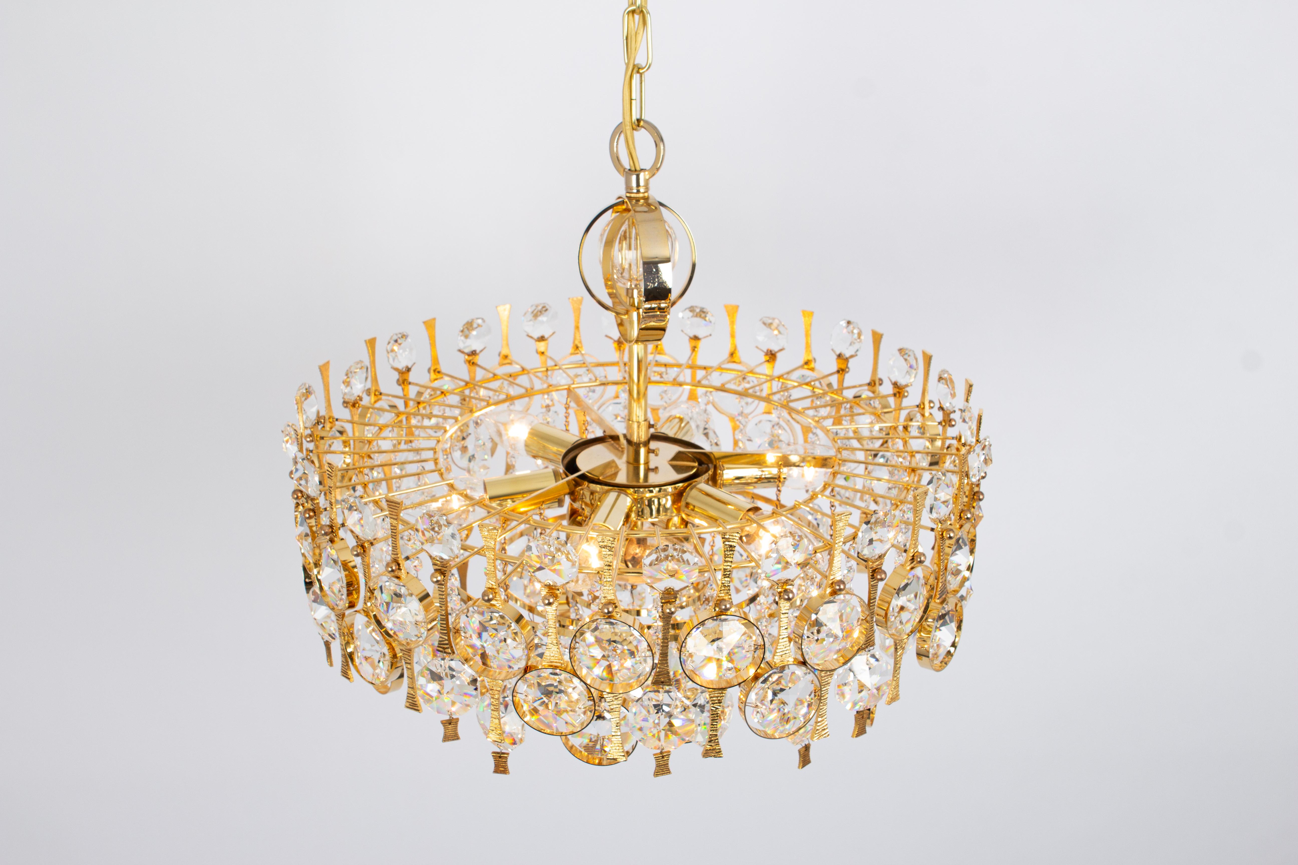 Late 20th Century Large Gilt Brass and Crystal Chandelier, by Palwa, Germany, 1970s For Sale
