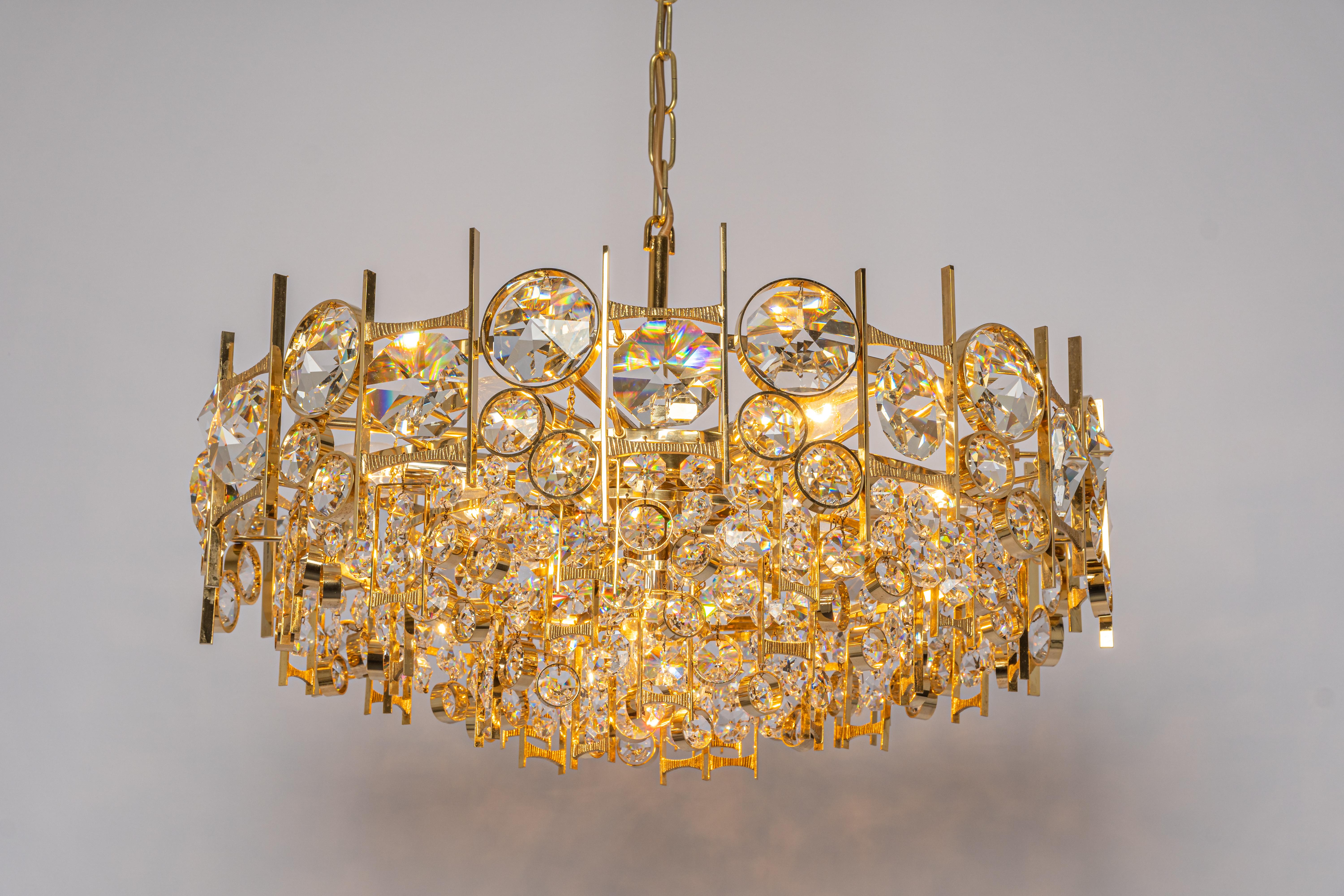 Gold Plate Large Gilt Brass and Crystal Chandelier, by Palwa, Germany, 1970s