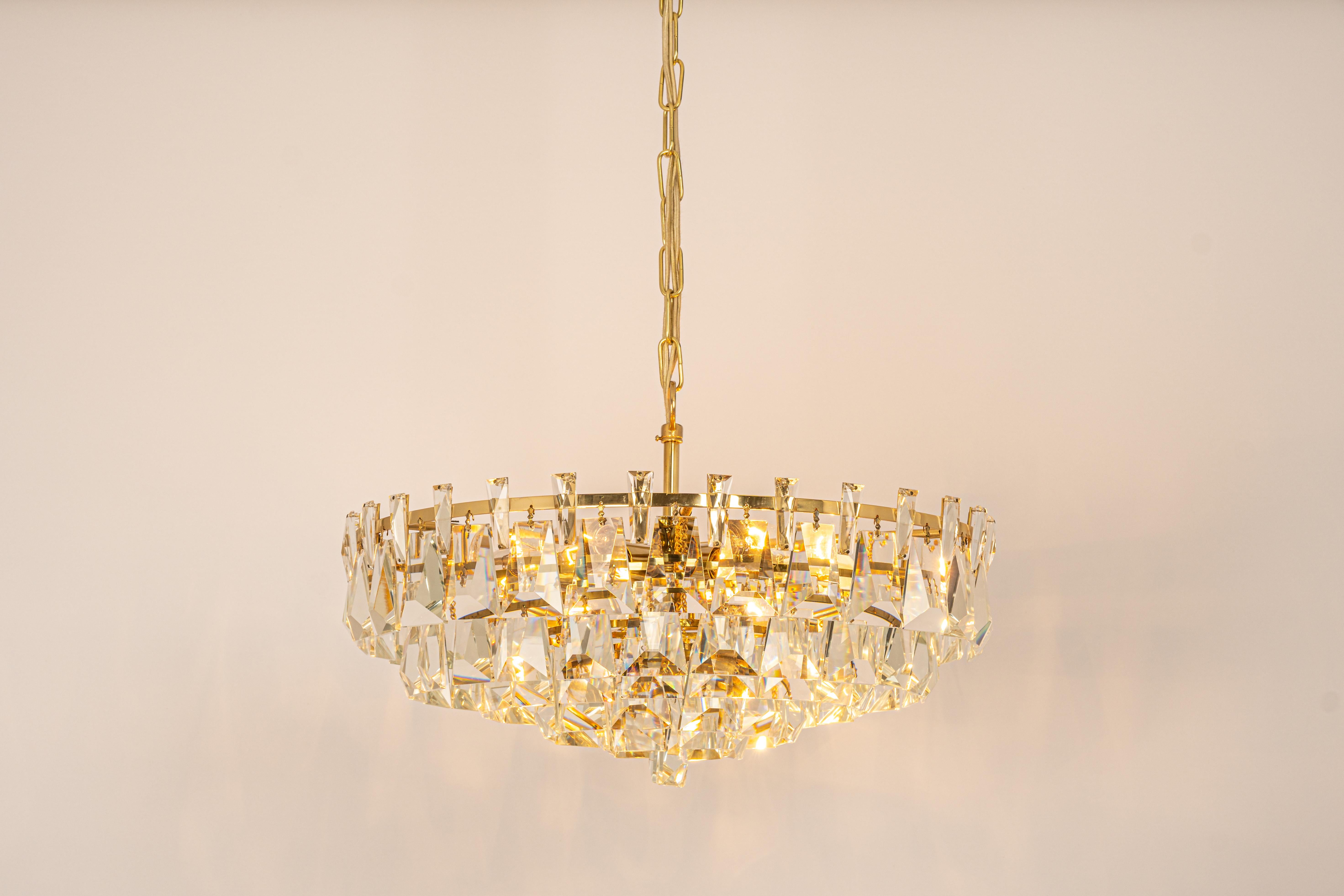 Gold Plate Large Gilt Brass and Crystal Chandelier, by Palwa, Germany, 1970s For Sale
