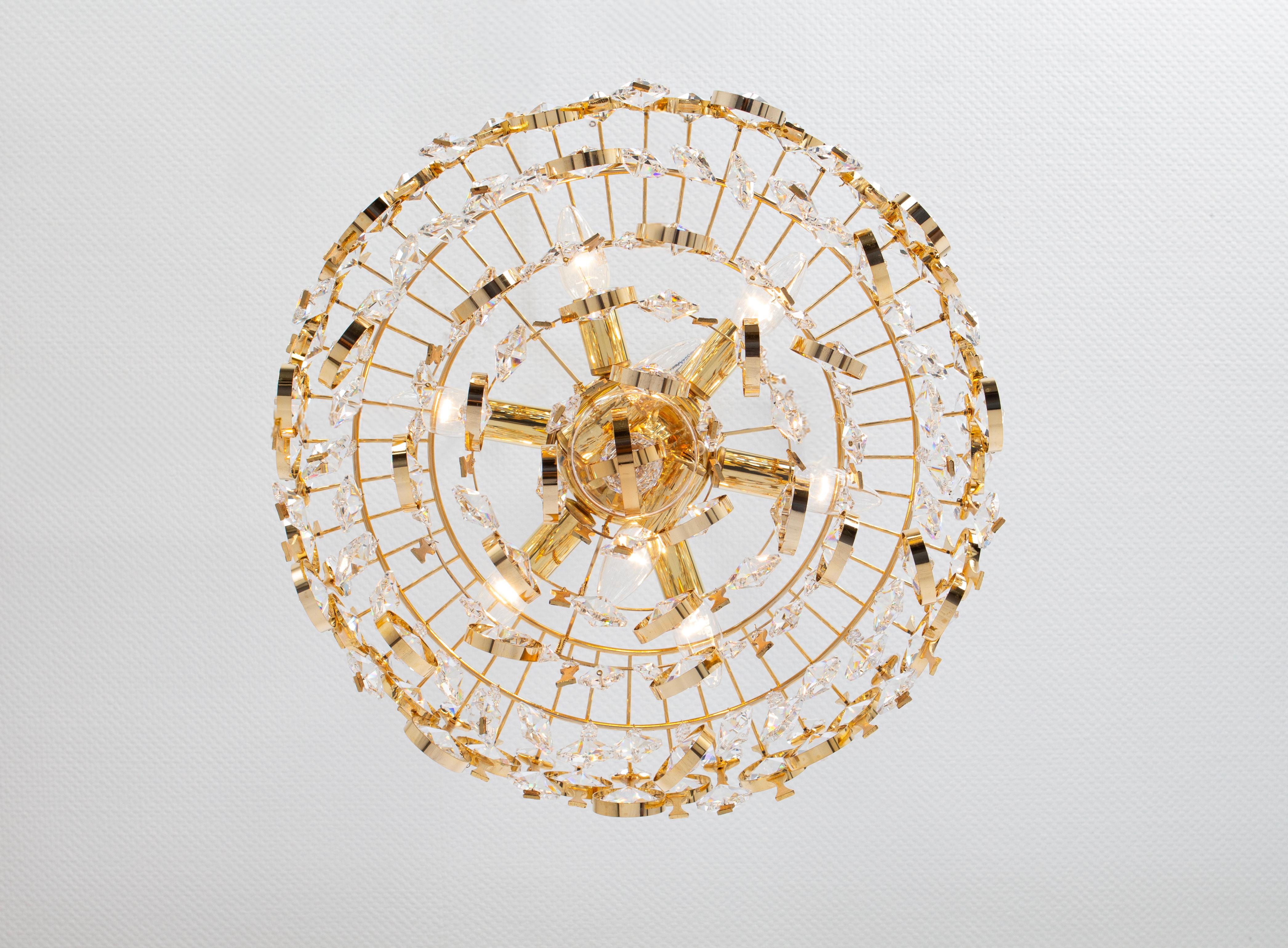 Gold Plate Large Gilt Brass and Crystal Chandelier, by Palwa, Germany, 1970s For Sale