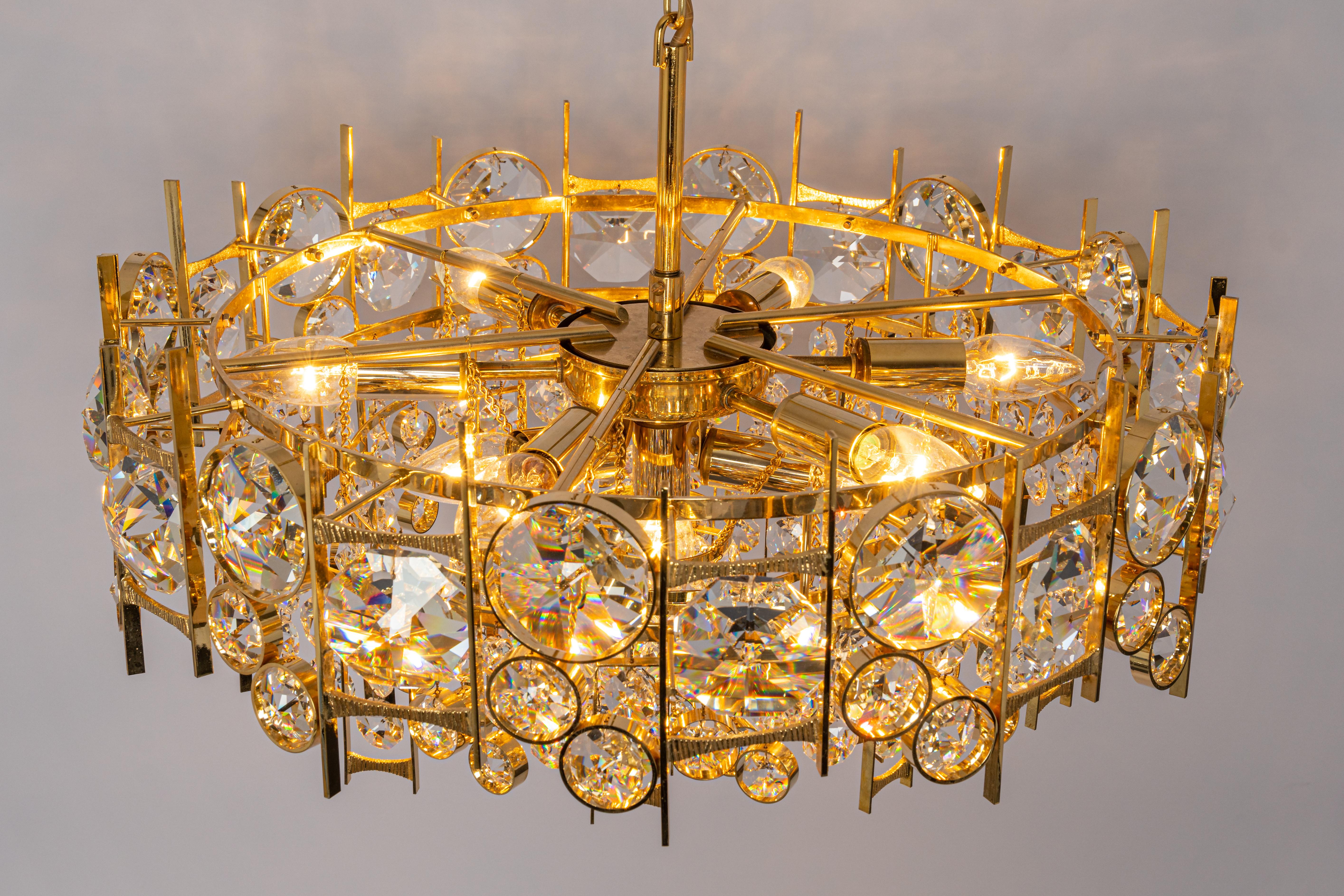 Large Gilt Brass and Crystal Chandelier, by Palwa, Germany, 1970s 1