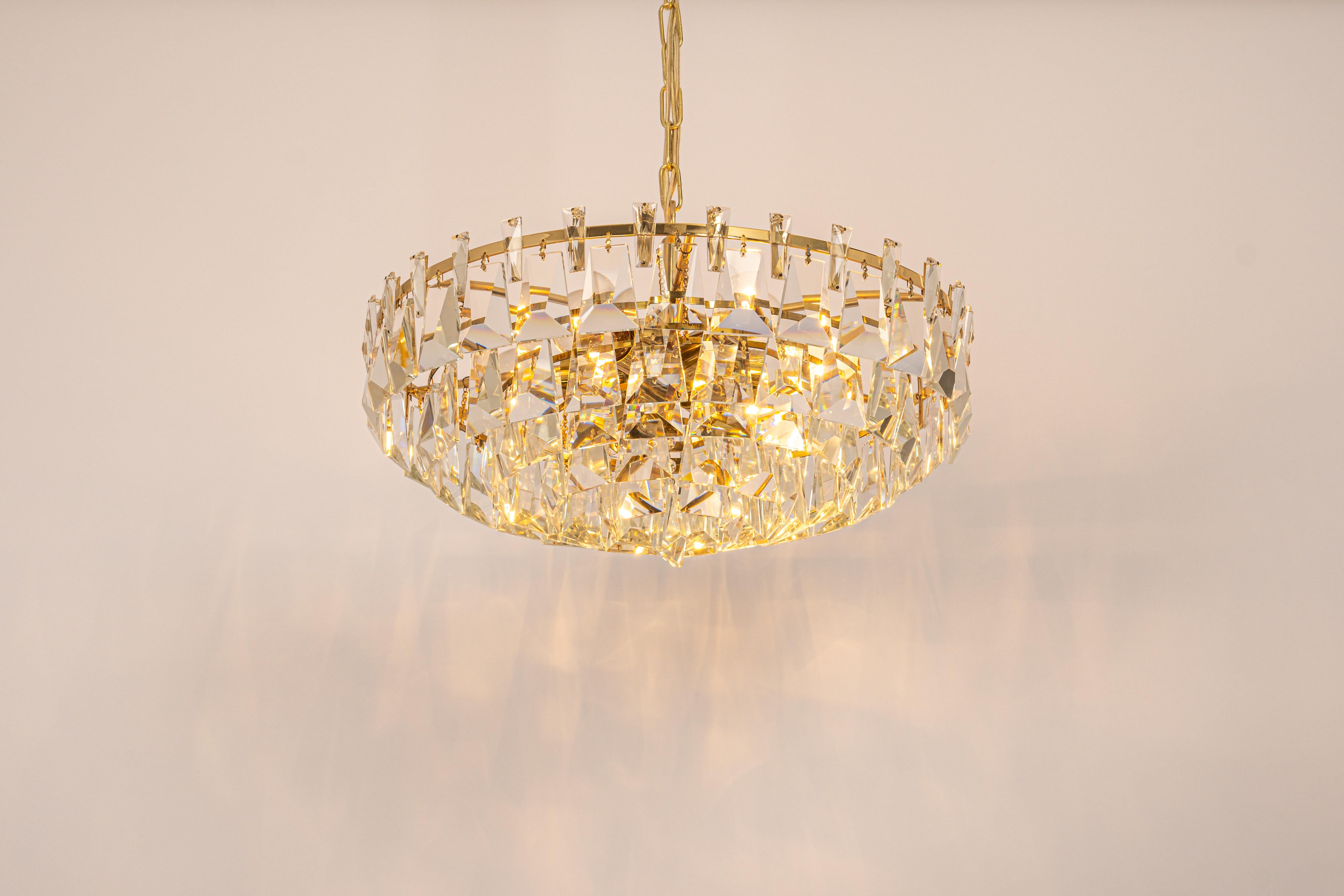Large Gilt Brass and Crystal Chandelier, by Palwa, Germany, 1970s For Sale 1
