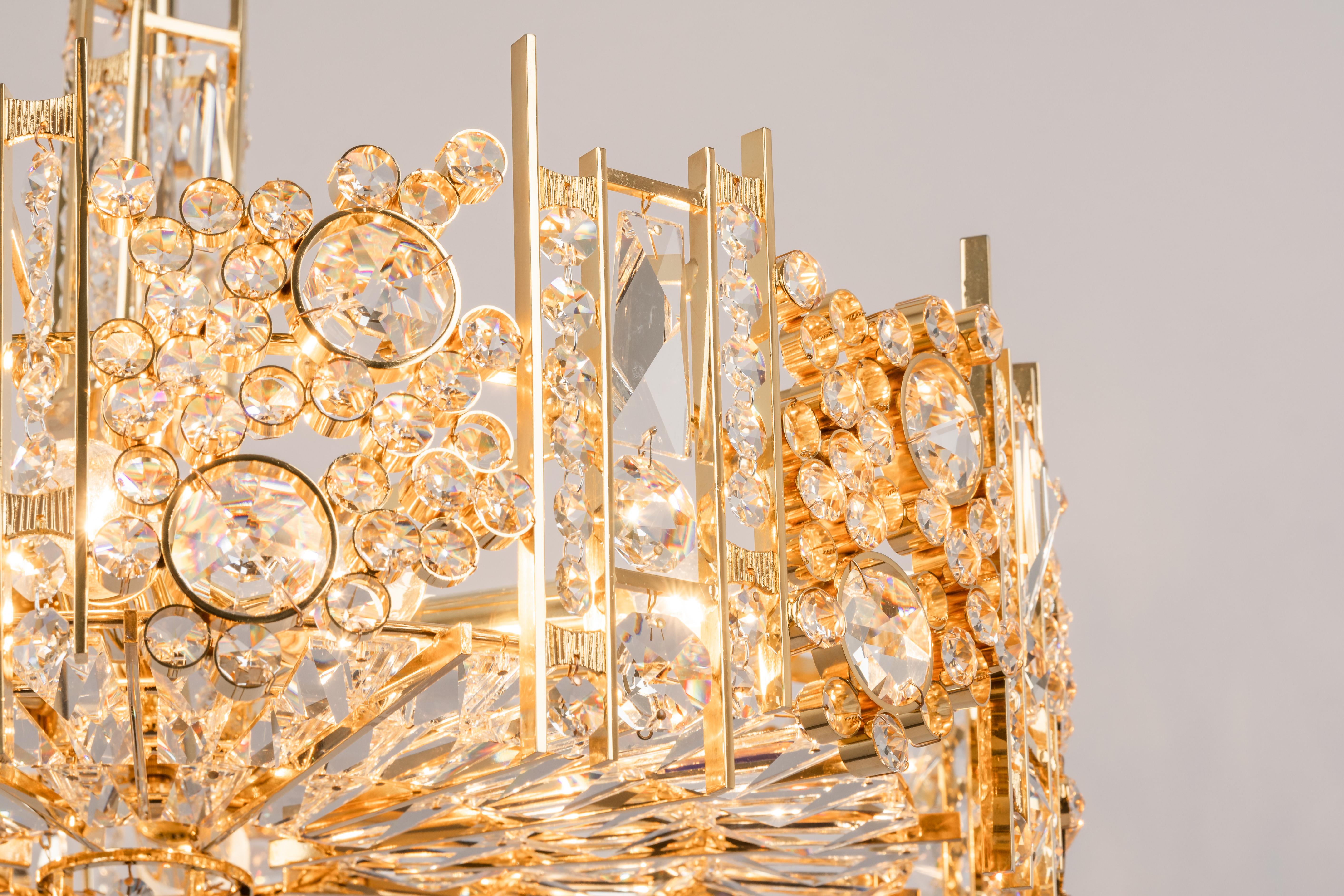 Late 20th Century Large Gilt Brass and Crystal Chandelier, by Palwa, Germany, 1970s For Sale