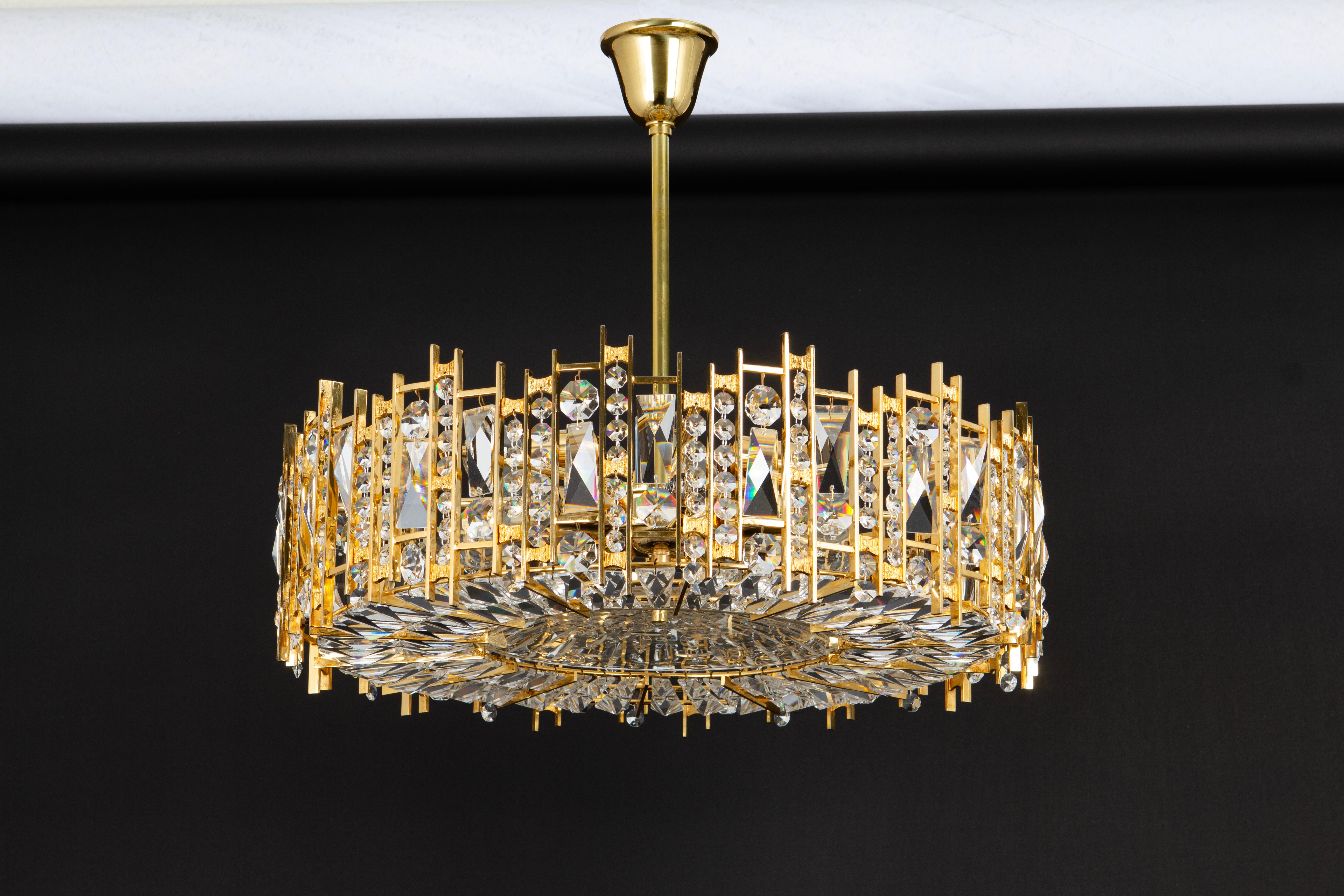Large Gilt Brass and Crystal Chandelier, by Palwa, Germany, 1970s For Sale 1