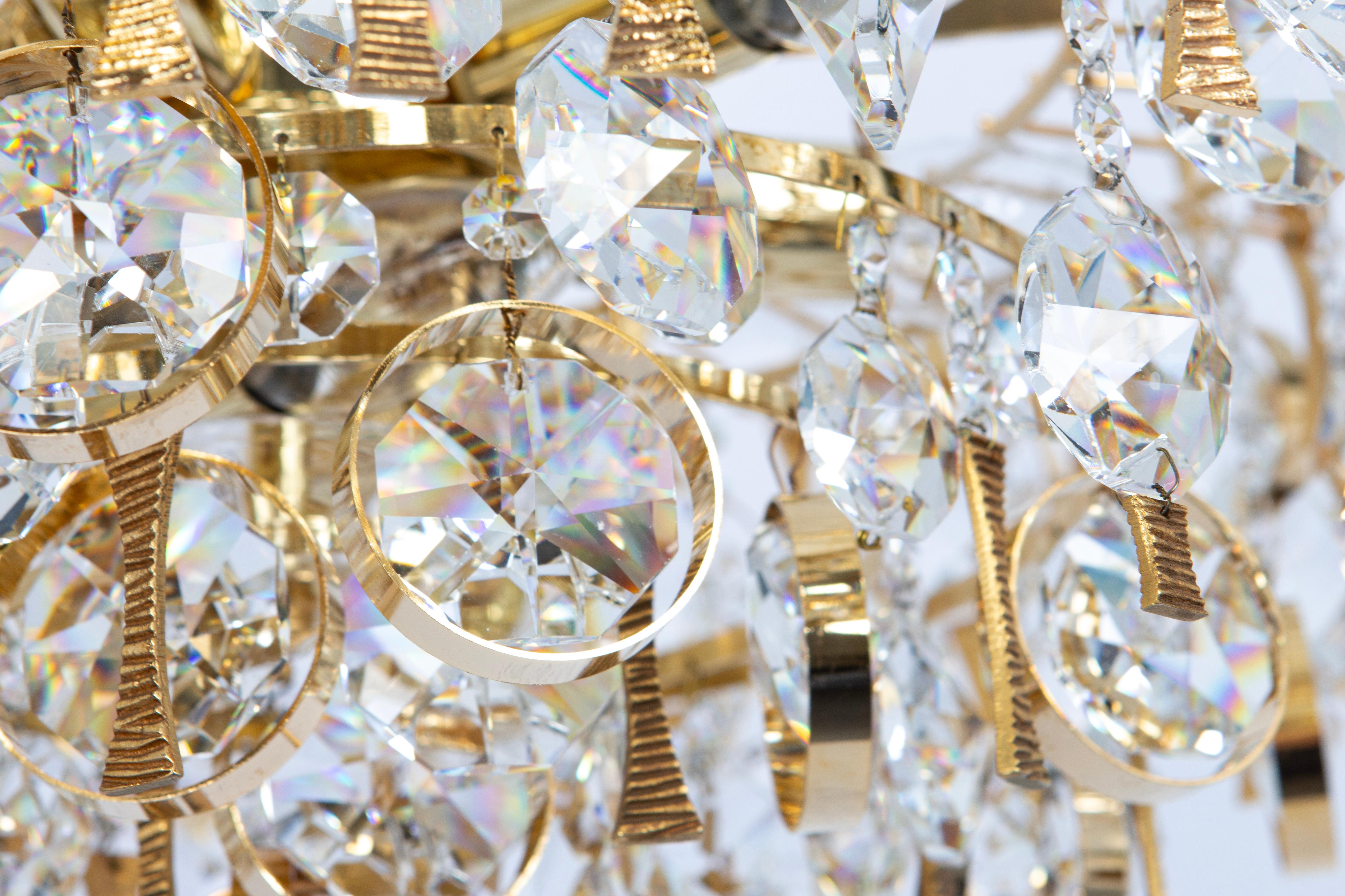 Large Gilt Brass and Crystal Chandelier, by Palwa, Germany, 1970s For Sale 1