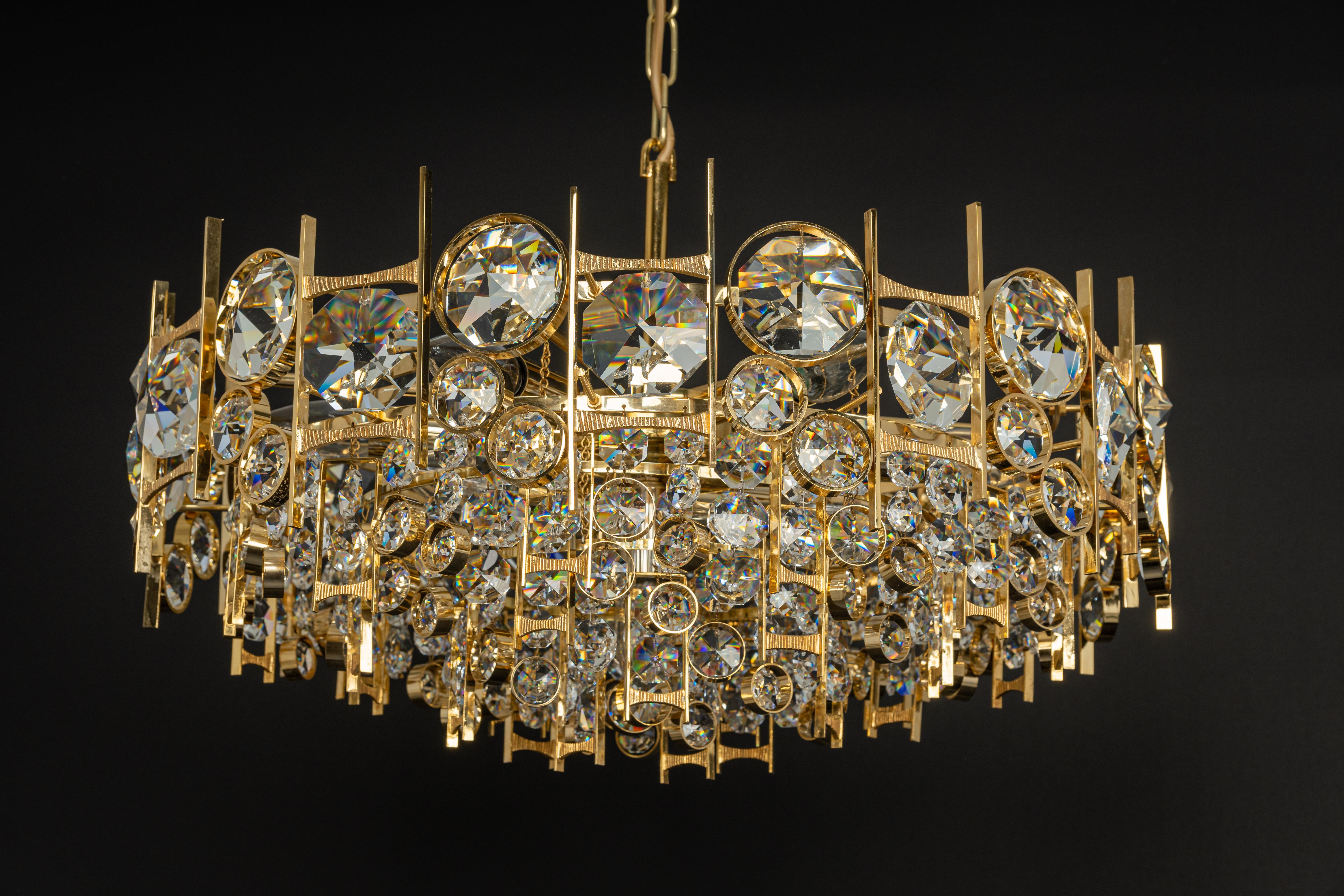 Large Gilt Brass and Crystal Chandelier, by Palwa, Germany, 1970s 2