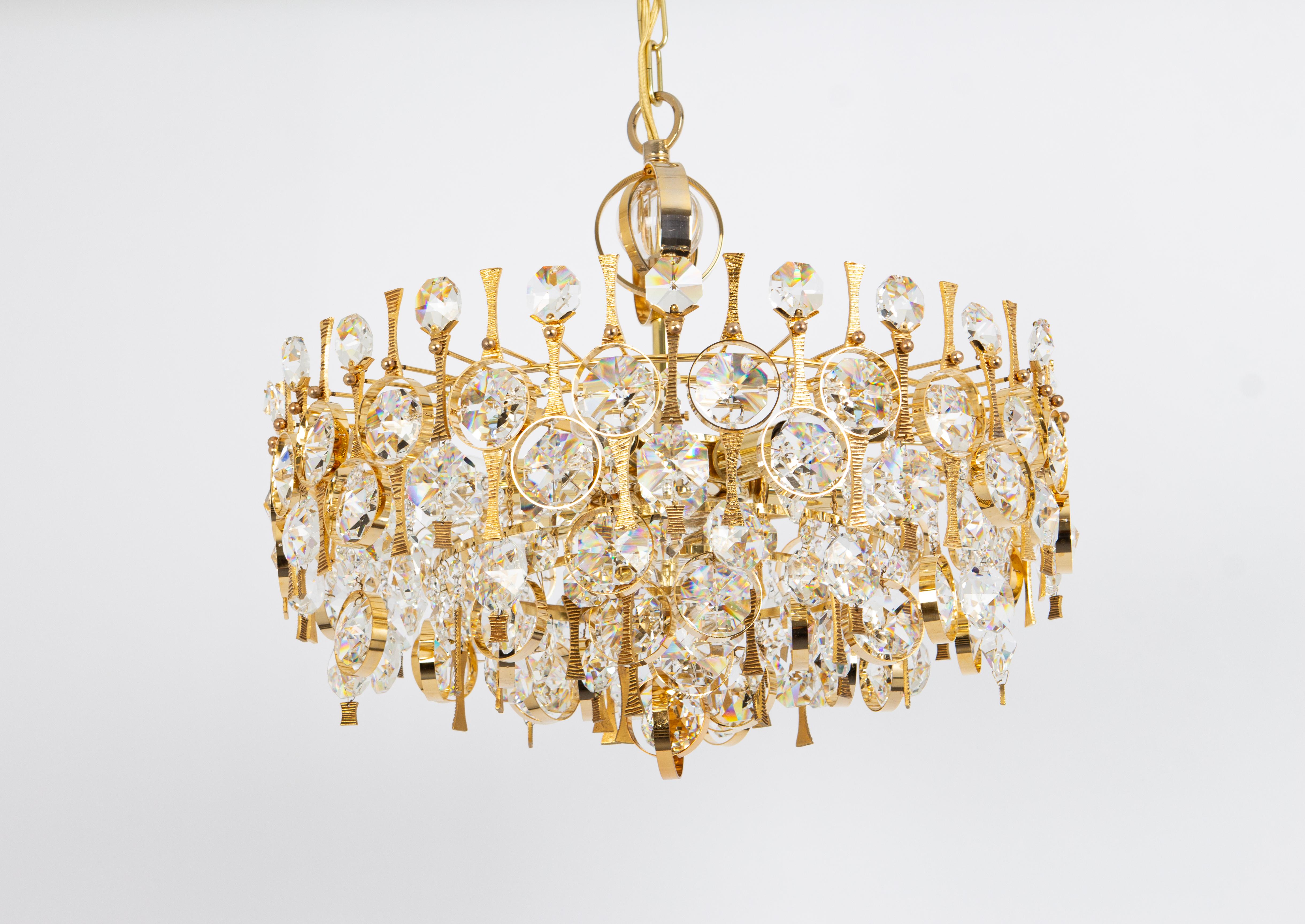 Large Gilt Brass and Crystal Chandelier, by Palwa, Germany, 1970s For Sale 2