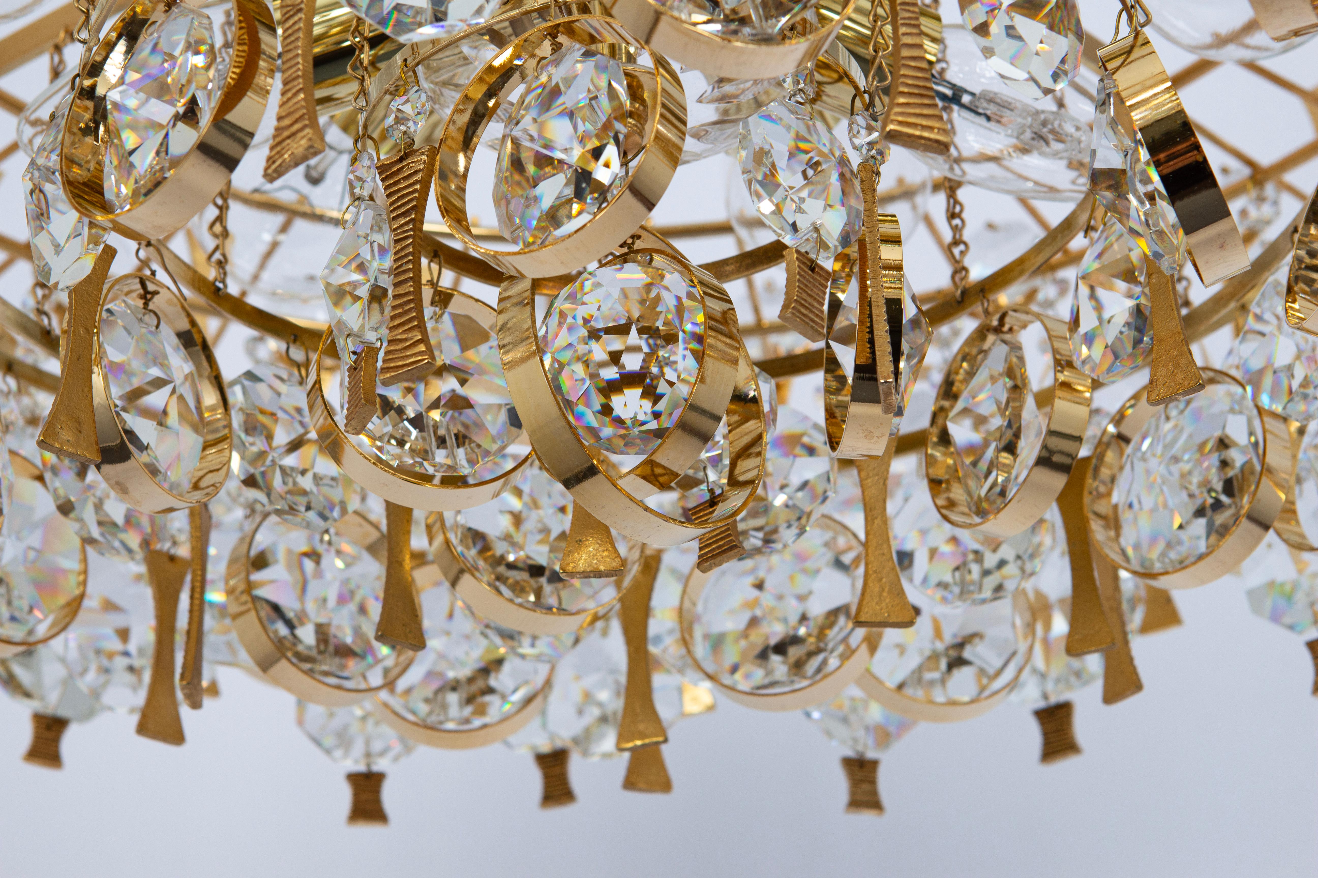Large Gilt Brass and Crystal Chandelier, by Palwa, Germany, 1970s For Sale 3
