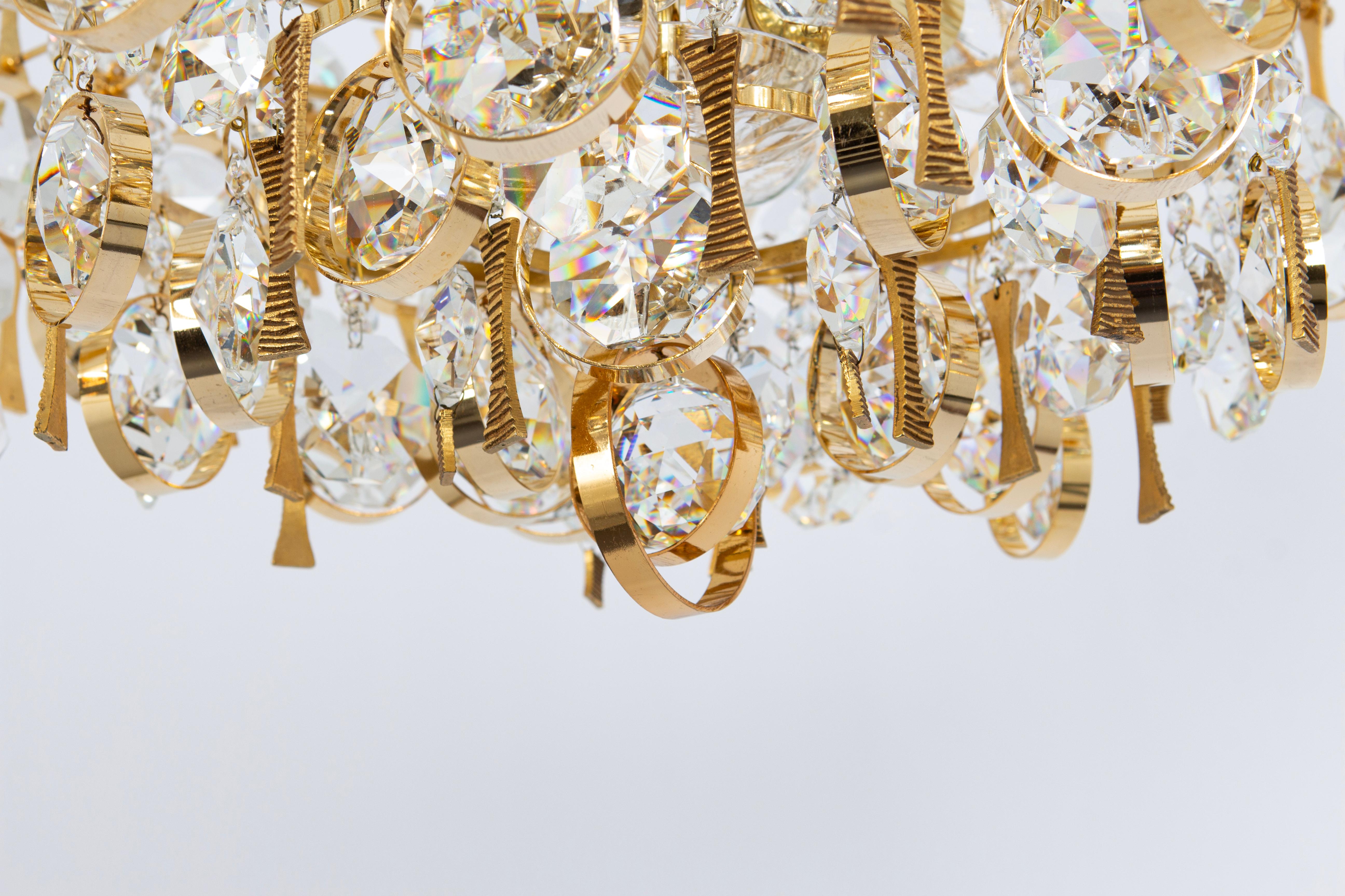 Large Gilt Brass and Crystal Chandelier, by Palwa, Germany, 1970s For Sale 3