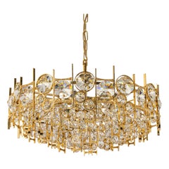 Large Gilt Brass and Crystal Chandelier, by Palwa, Germany, 1970s