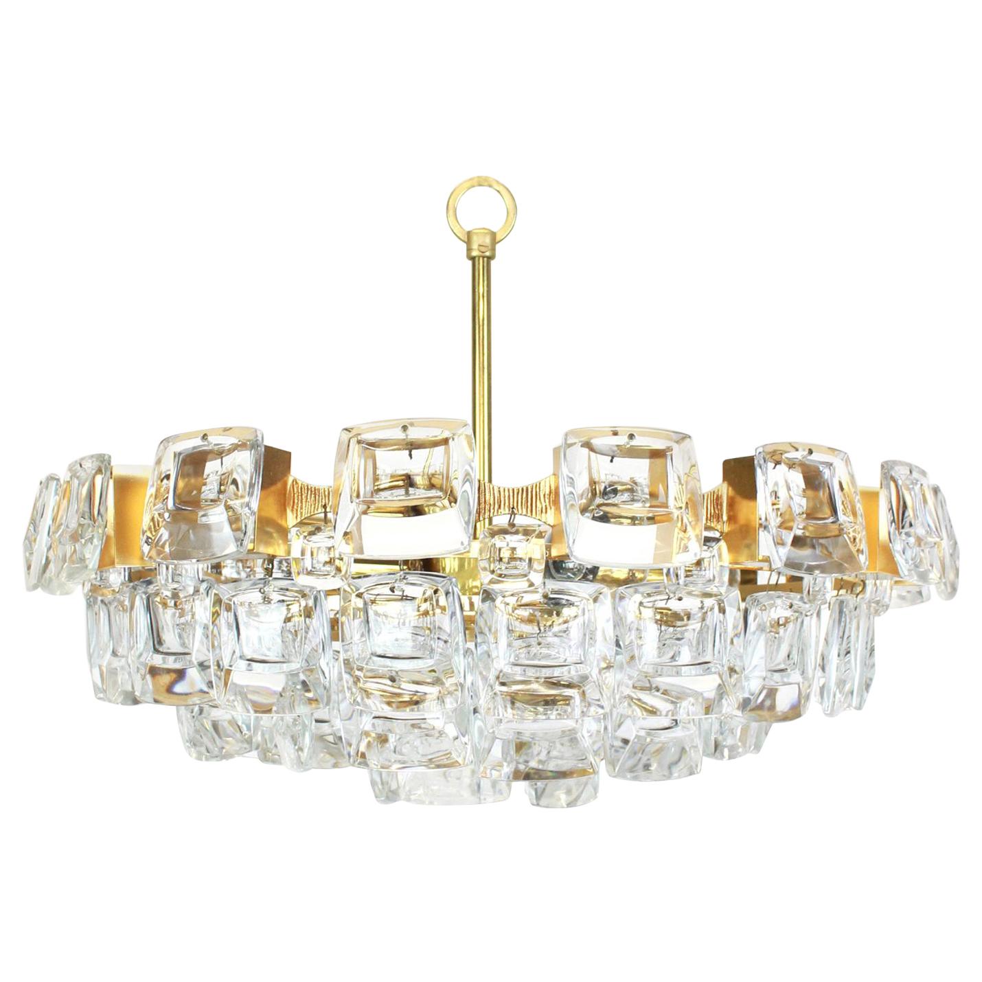 Large Gilt Brass and Crystal Glass Chandelier by Palwa, Germany, 1960s For Sale