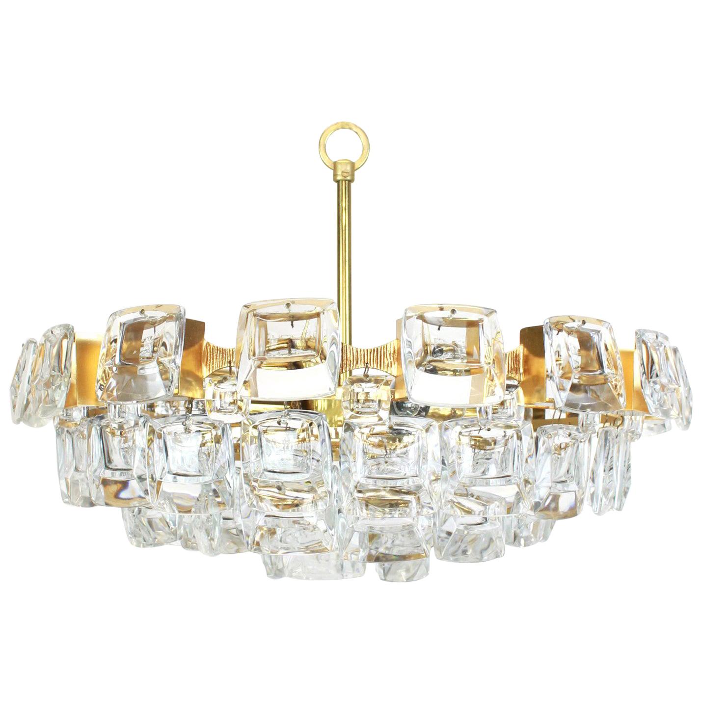 Large Gilt Brass and Crystal Glass Chandelier by Palwa, Germany, 1960s For Sale