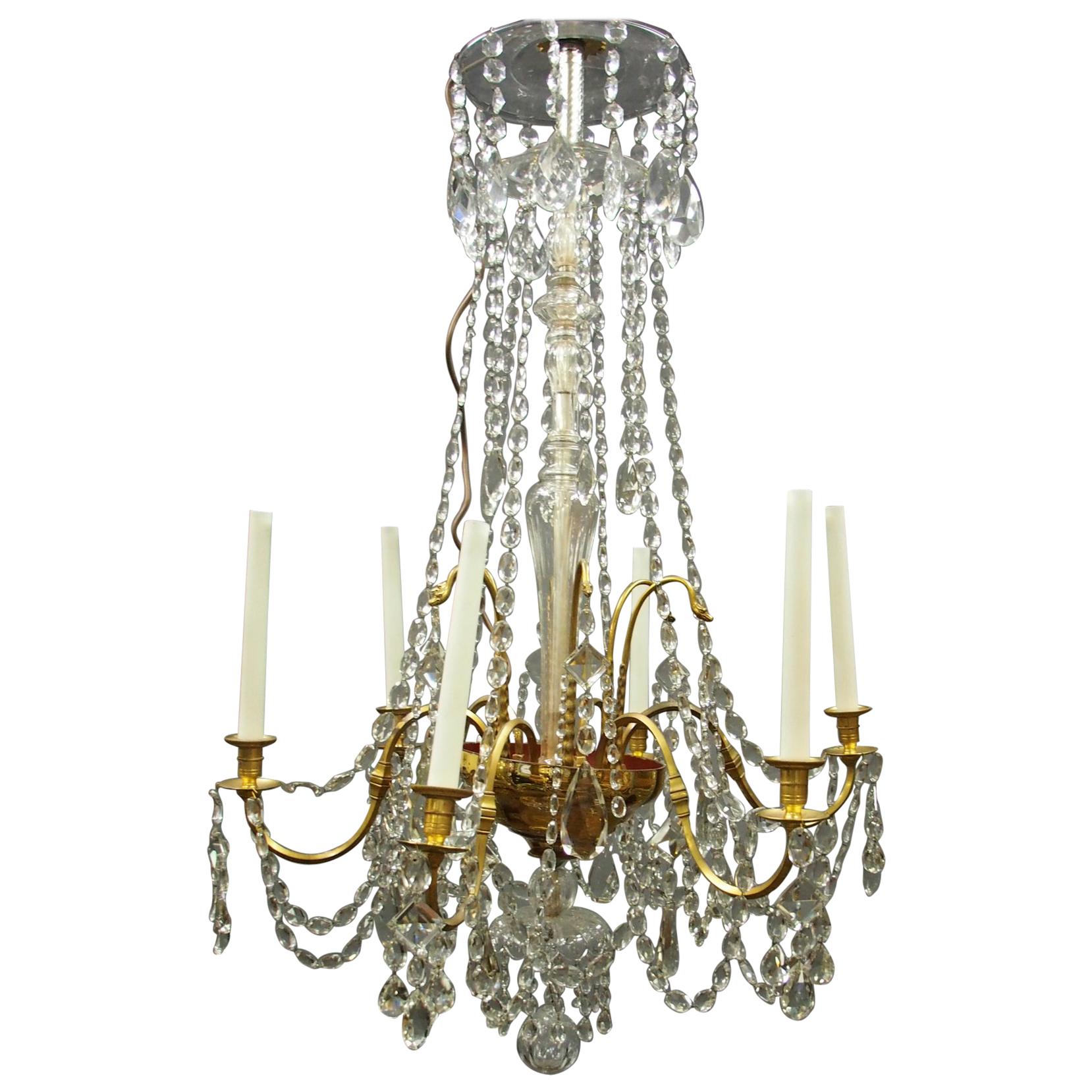 Large Gilt Brass and Glass Chandelier For Sale