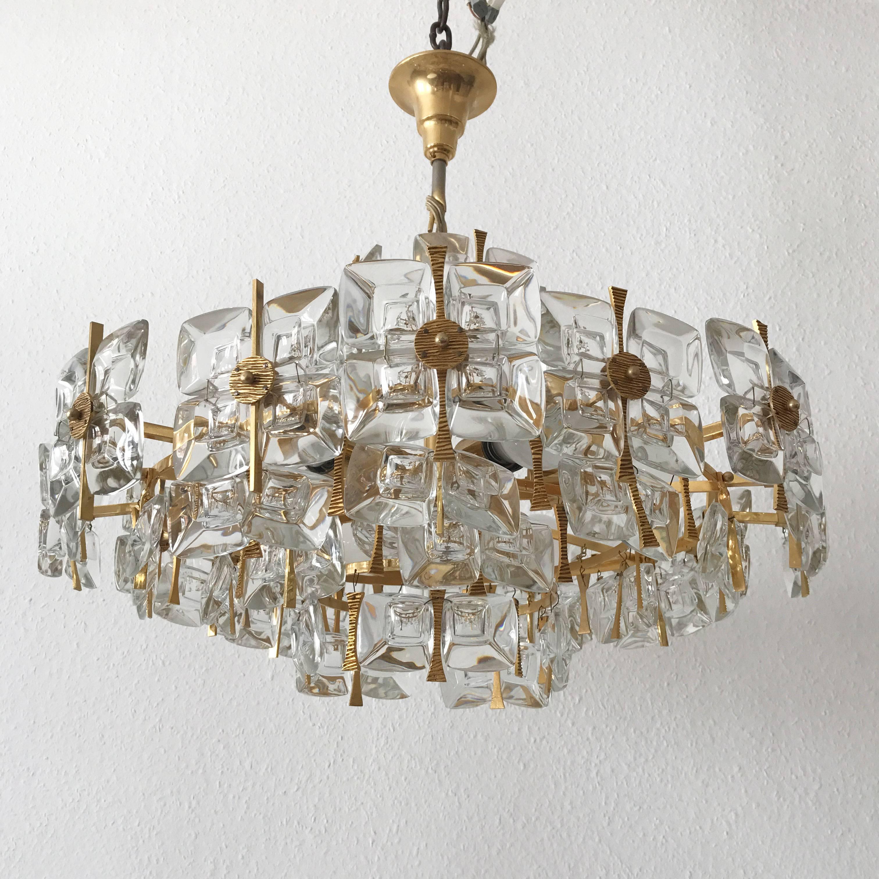 Mid-Century Modern Large Gilt Brass and Glass Chandelier or Pendant Lamp by Palwa, Germany, 1970s