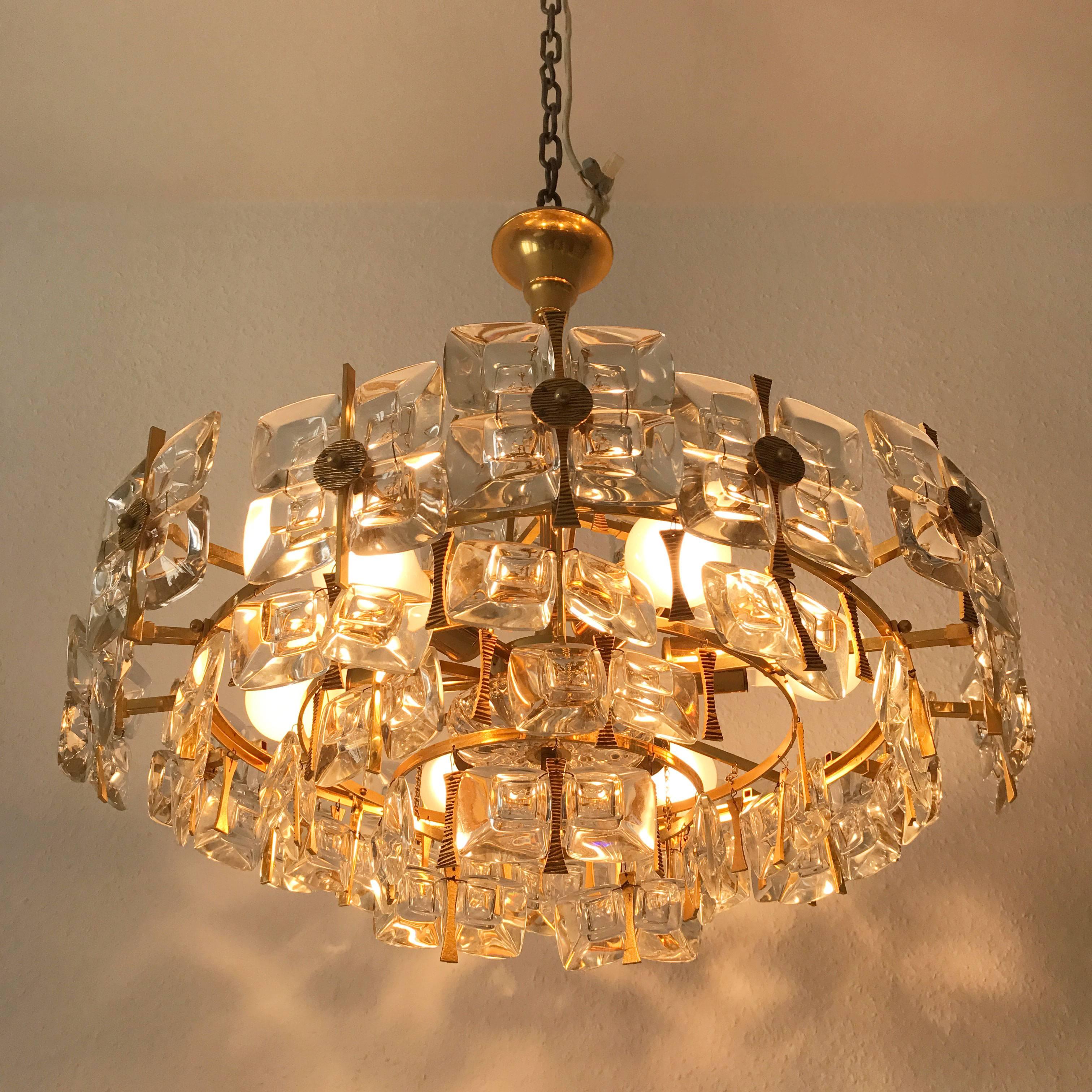 Large Gilt Brass and Glass Chandelier or Pendant Lamp by Palwa, Germany, 1970s In Excellent Condition In Munich, DE