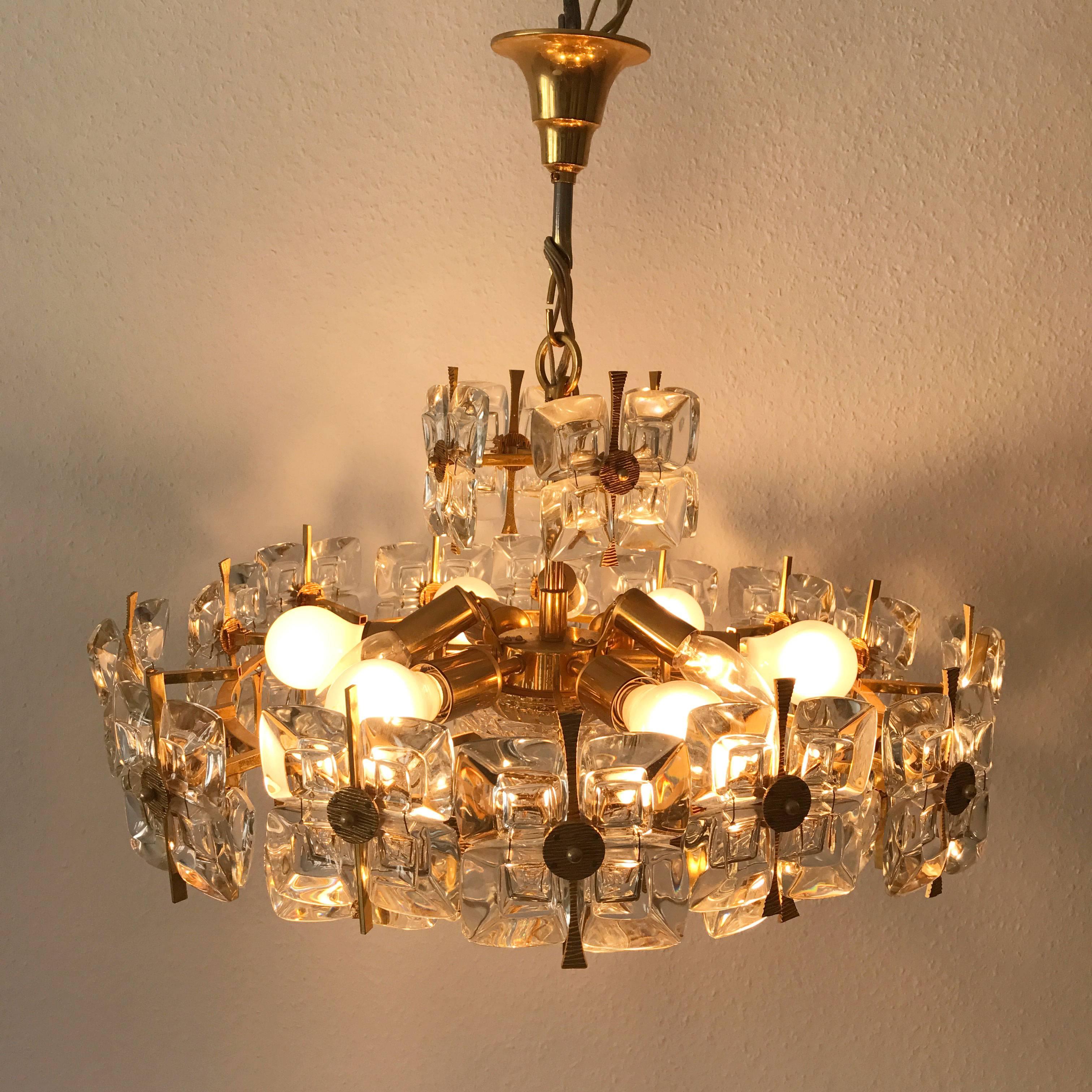 Large Gilt Brass and Glass Chandelier or Pendant Lamp by Palwa, Germany, 1970s 1