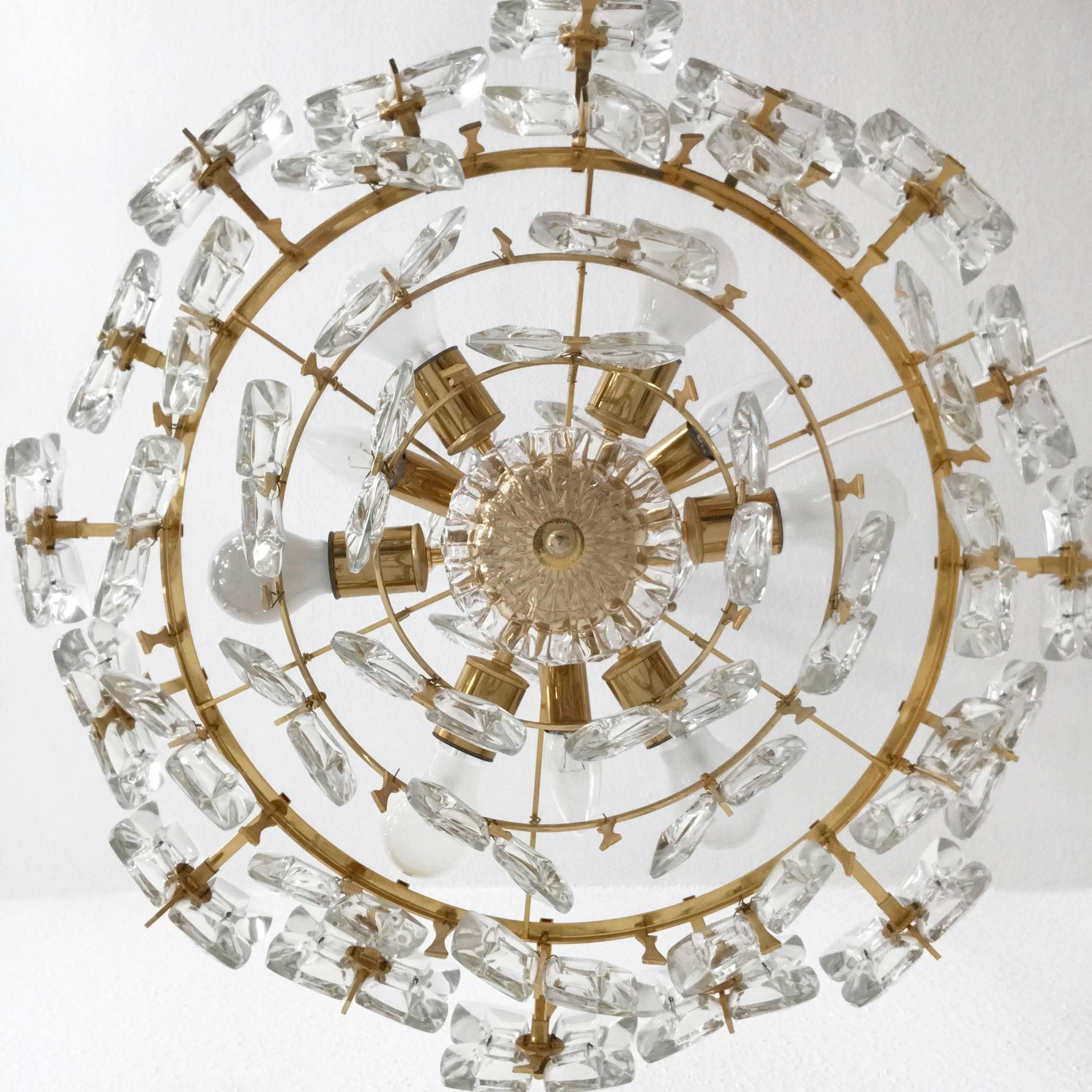 Large Gilt Brass and Glass Chandelier or Pendant Lamp by Palwa, Germany, 1970s 3