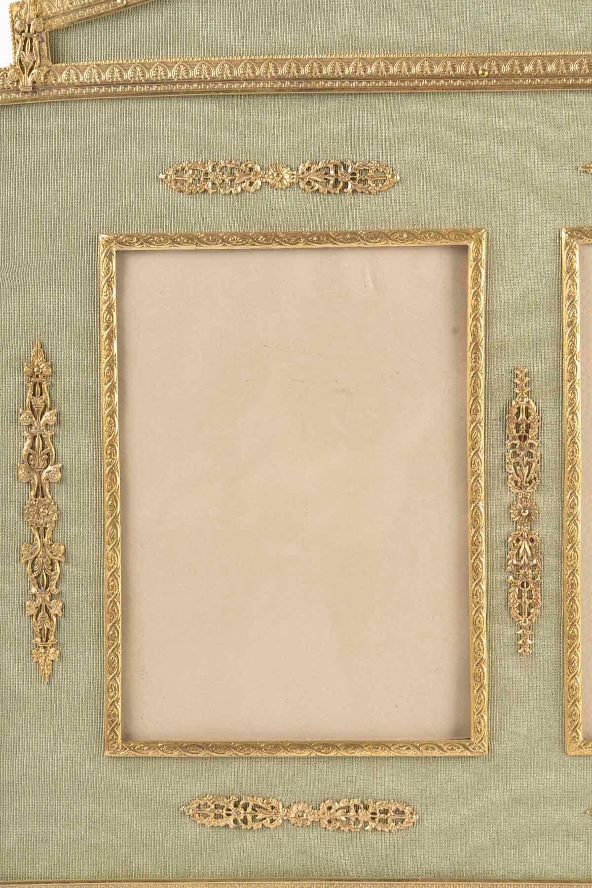 French Large Gilt Brass and Green Fabric Photo Frame, Napoleon III Period, Empire Style For Sale