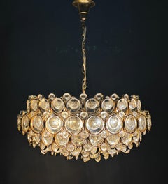 Large Gilt Brass and Lenses Glass Chandelier by Palwa, circa 1960s