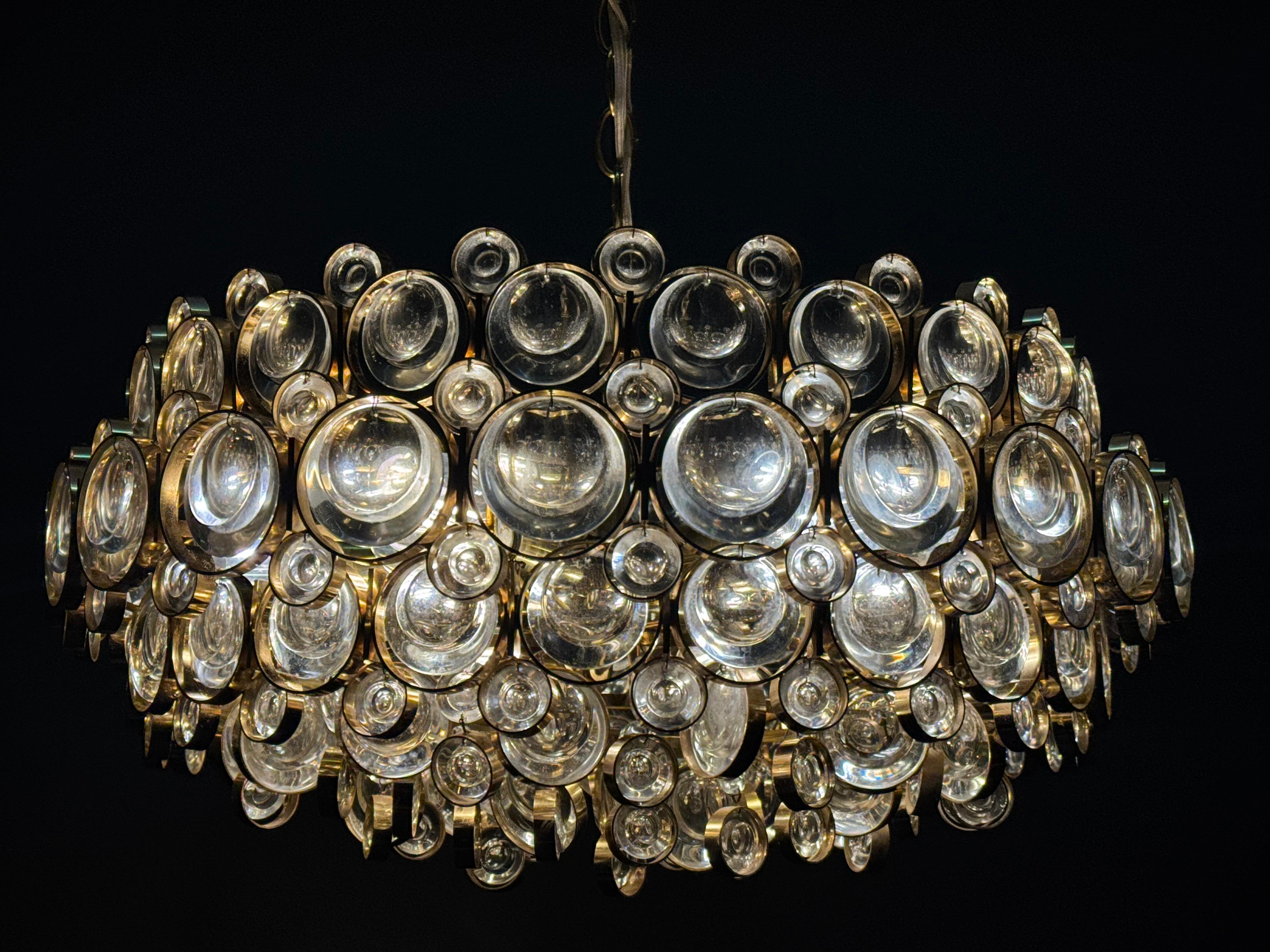 Mid-Century Modern Large Gilt Brass and Lenses Glass Chandelier by Palwa, circa 1960s For Sale