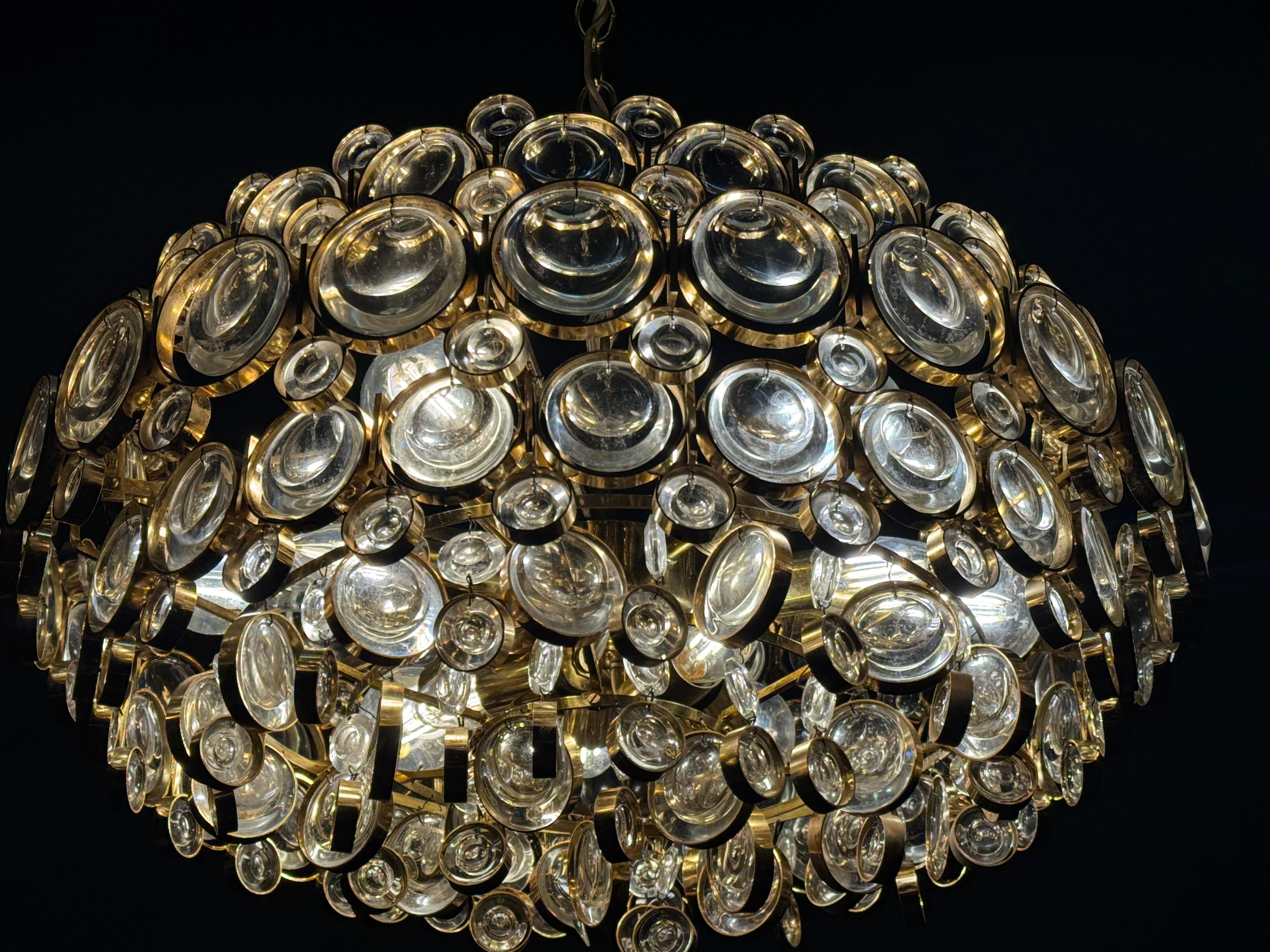 German Large Gilt Brass and Lenses Glass Chandelier by Palwa, circa 1960s For Sale