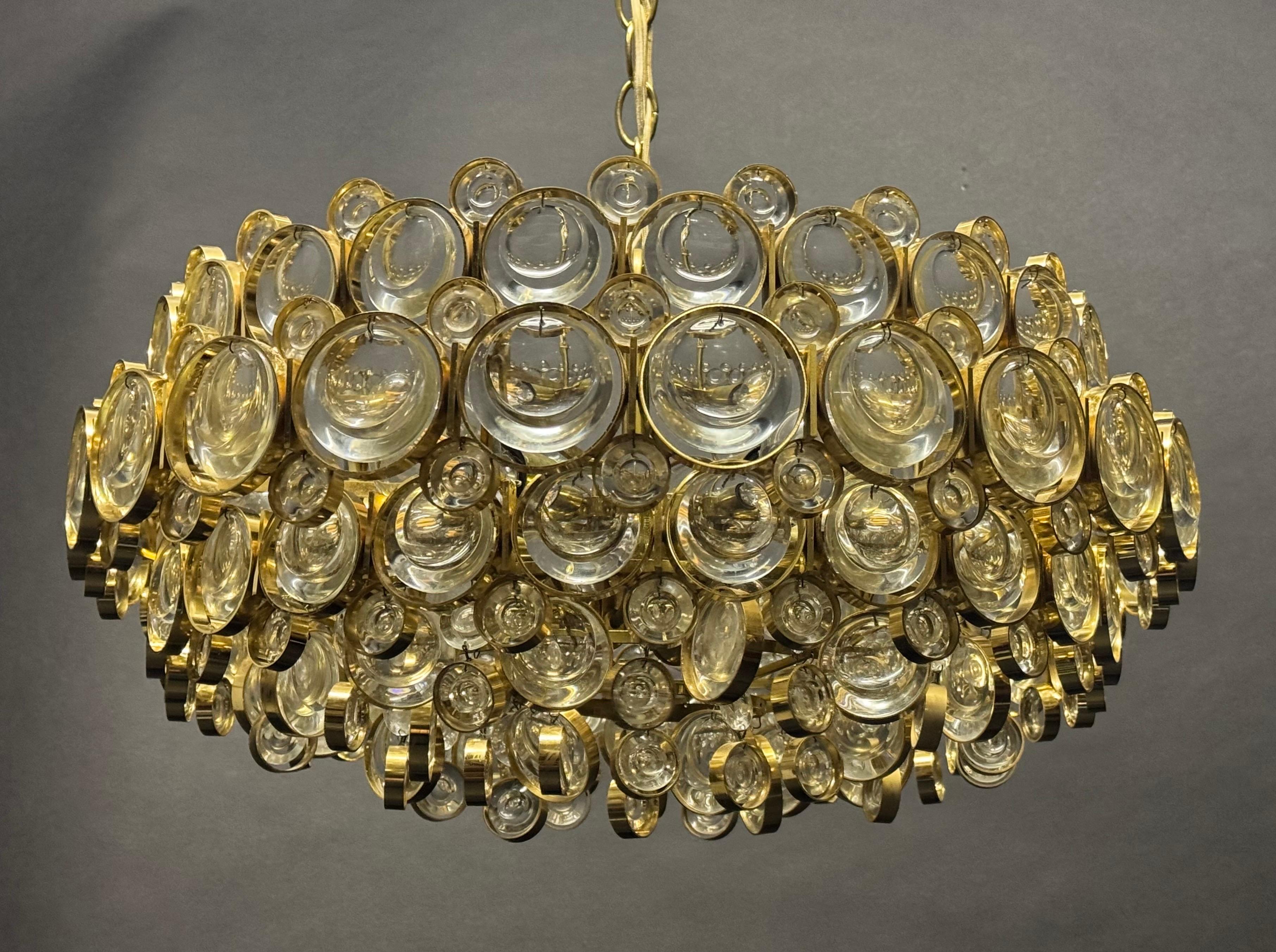 Large Gilt Brass and Lenses Glass Chandelier by Palwa, circa 1960s For Sale 1