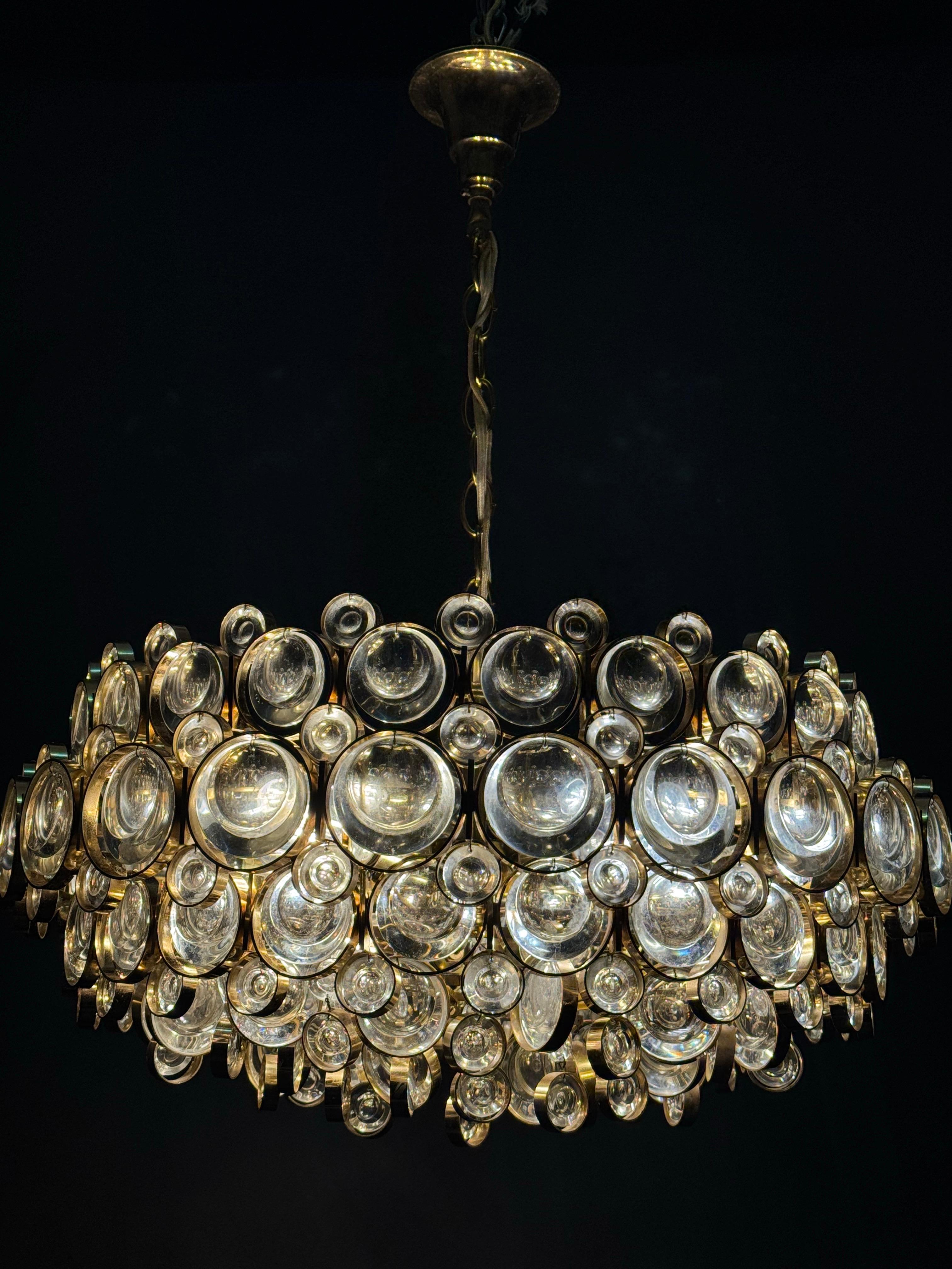 Large Gilt Brass and Lenses Glass Chandelier by Palwa, circa 1960s For Sale 2
