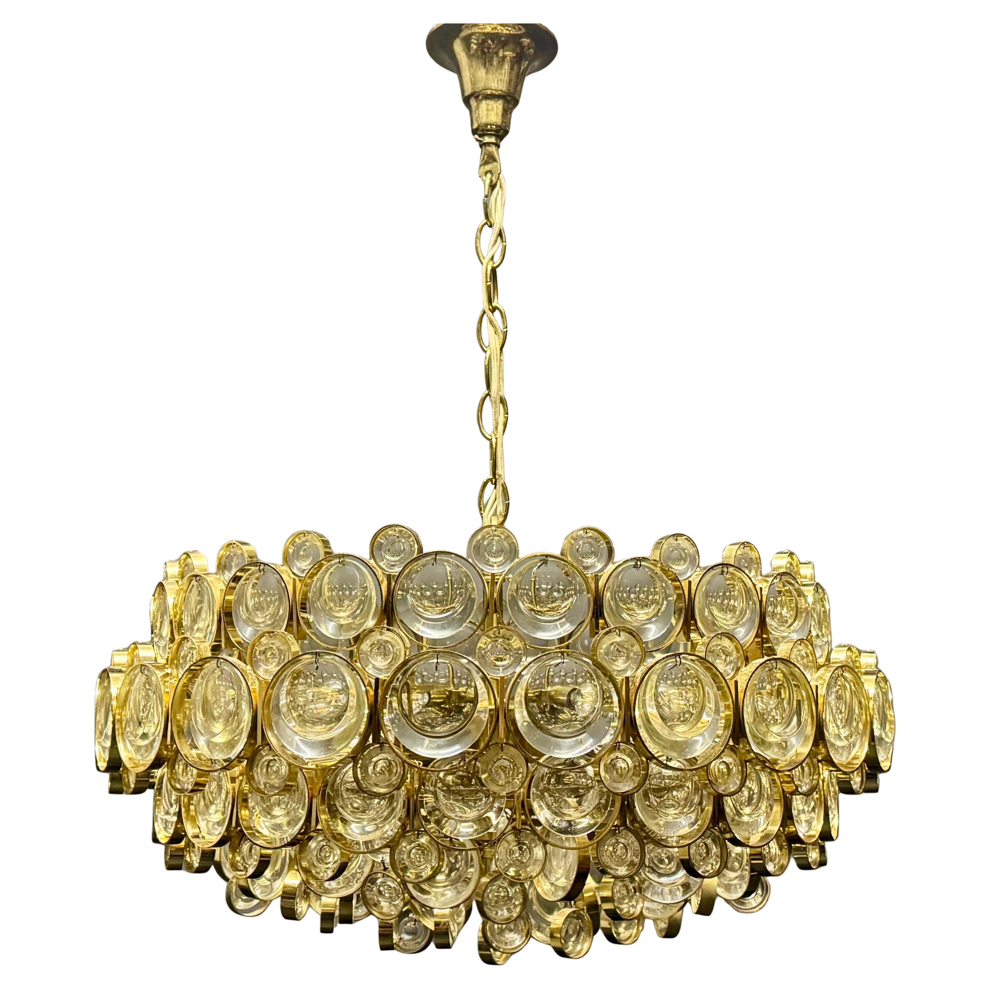Large Gilt Brass and Lenses Glass Chandelier by Palwa, circa 1960s
