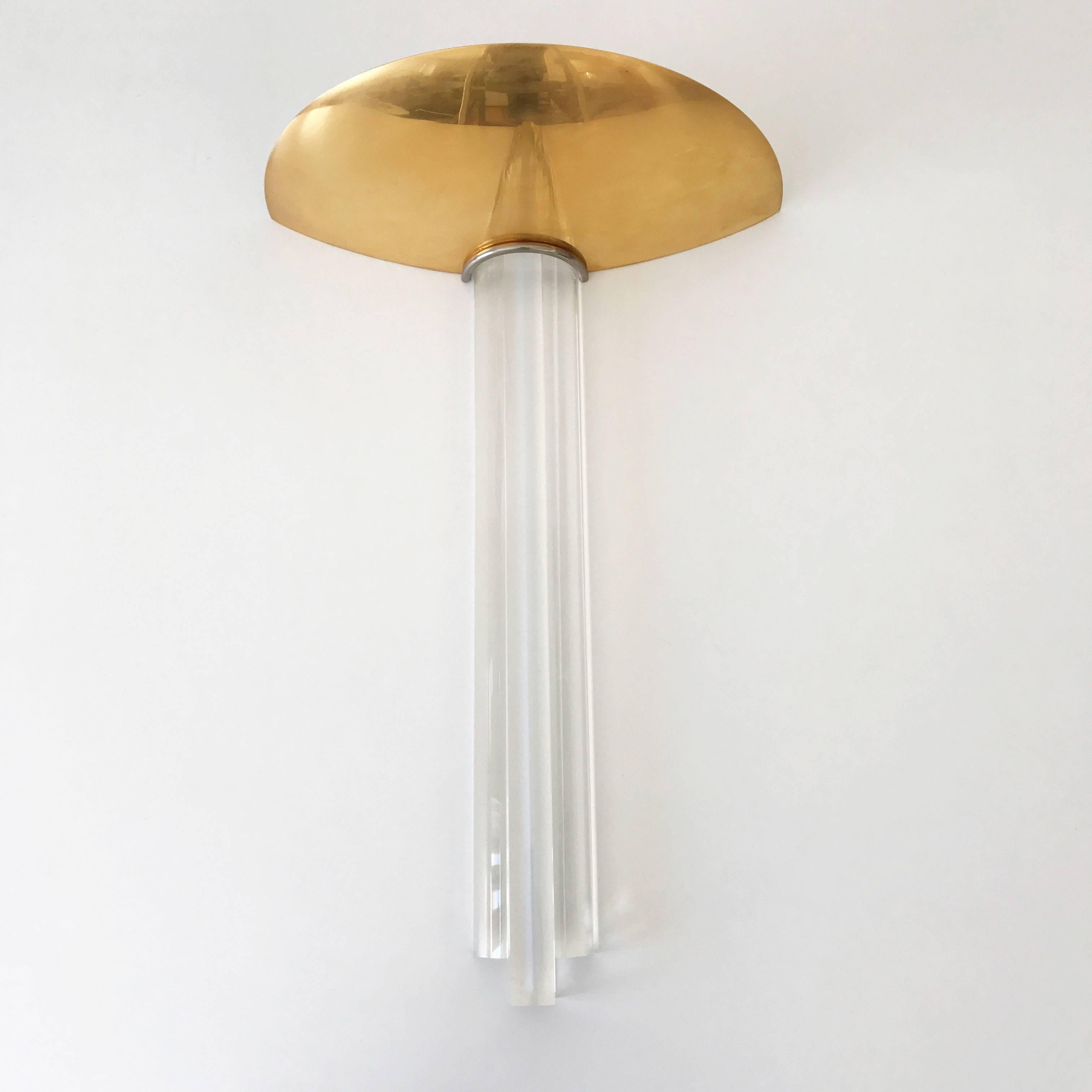 Mid-Century Modern Set of Three Large Gilt Brass and Lucite Italian Wall Lamps 1980s For Sale