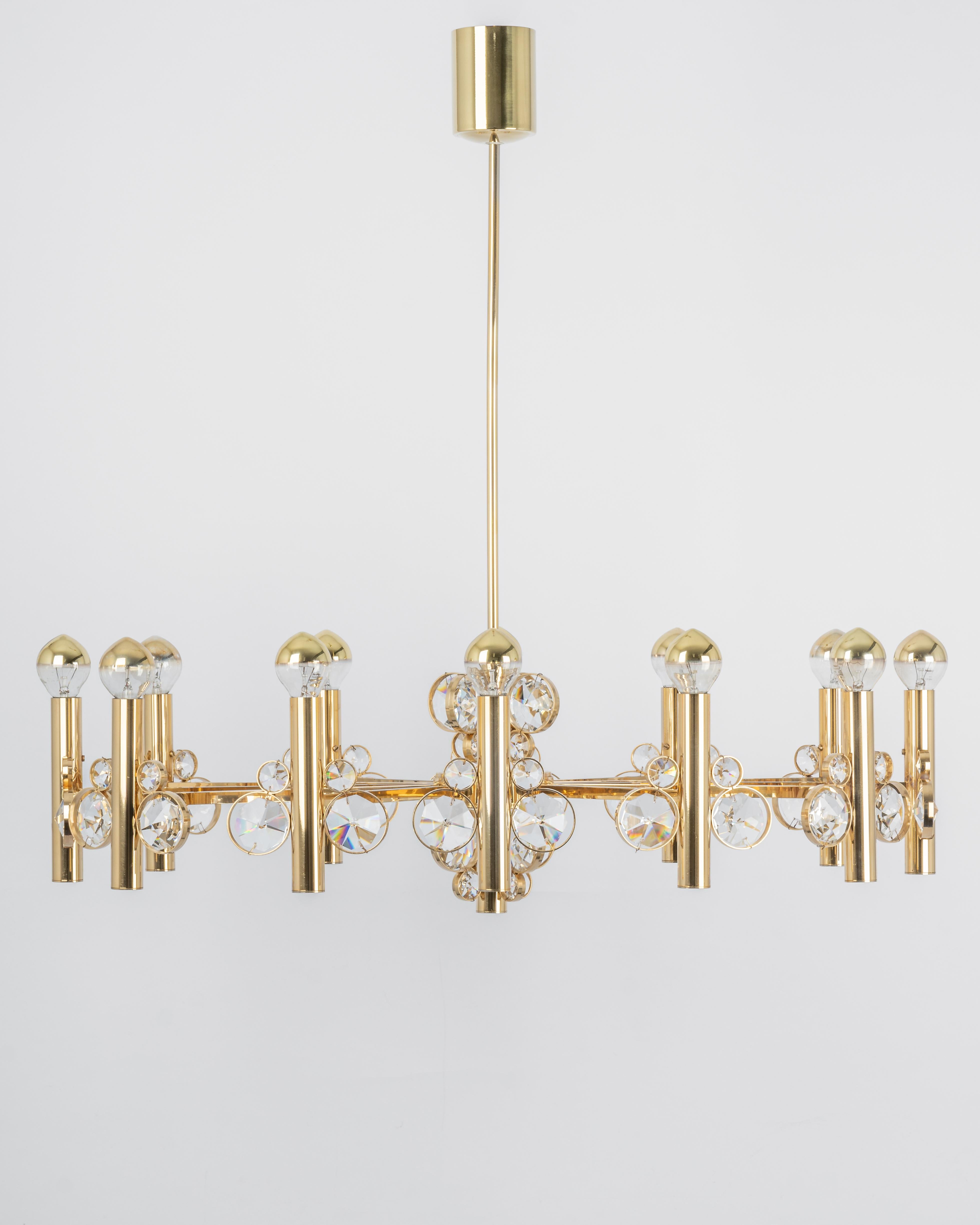 Gold Plate Large Gilt Brass Chandelier, Sciolari Design by Palwa, Germany, 1970s For Sale