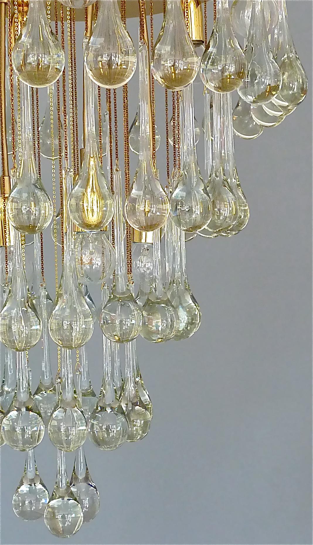 Large Gilt Brass Murano Glass Drop Chandelier Flush Mount Venini Palwa Style 60s For Sale 2